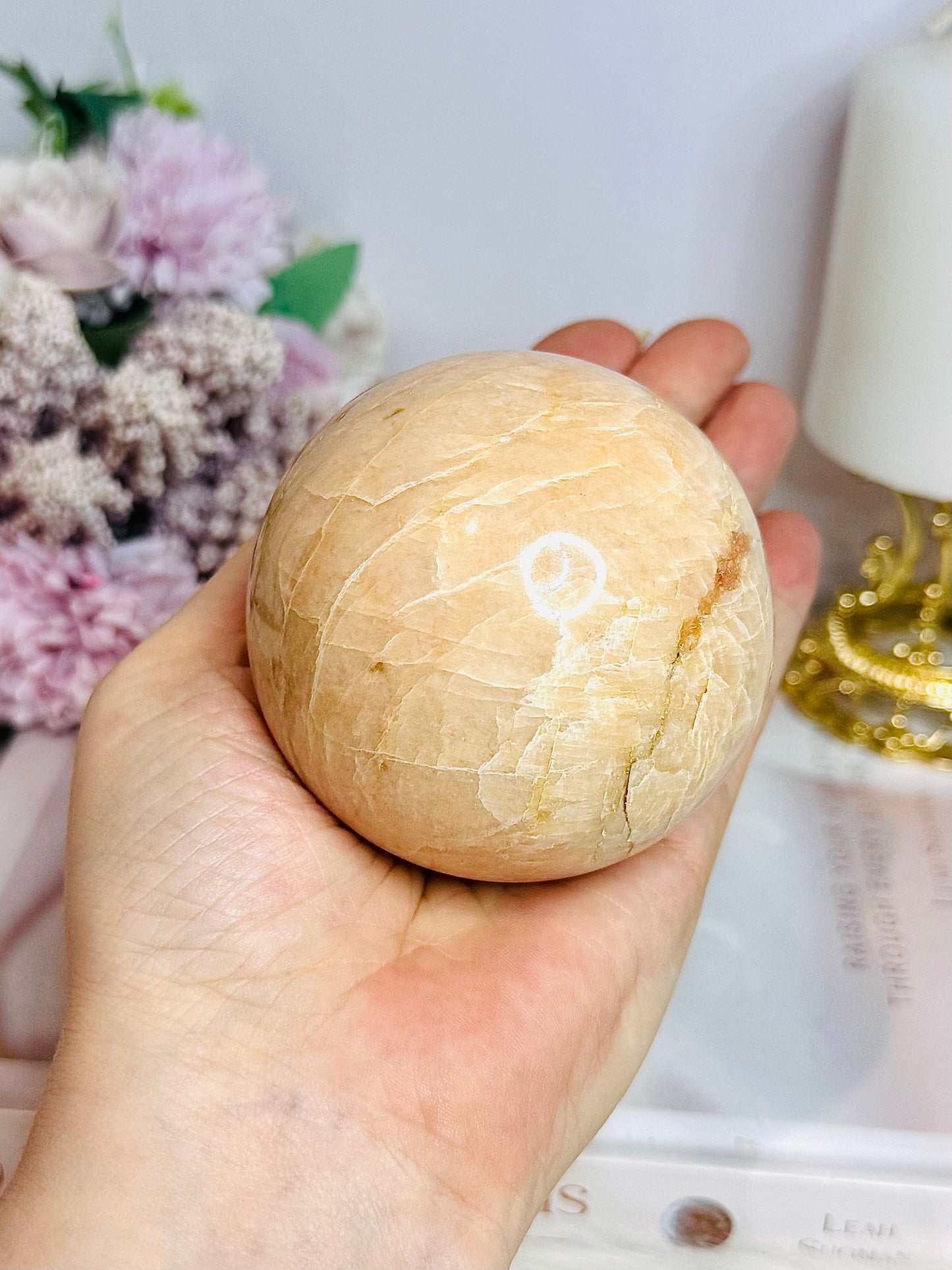 Large Peach Moonstone Sphere on Stand 456g