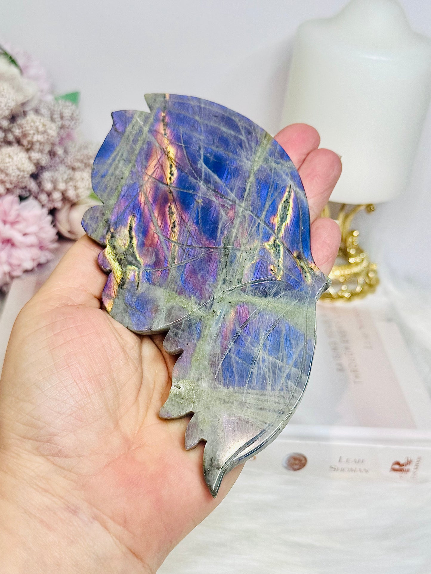 Large Labradorite Butterfly Wings With Purple Flash 21cm Tall