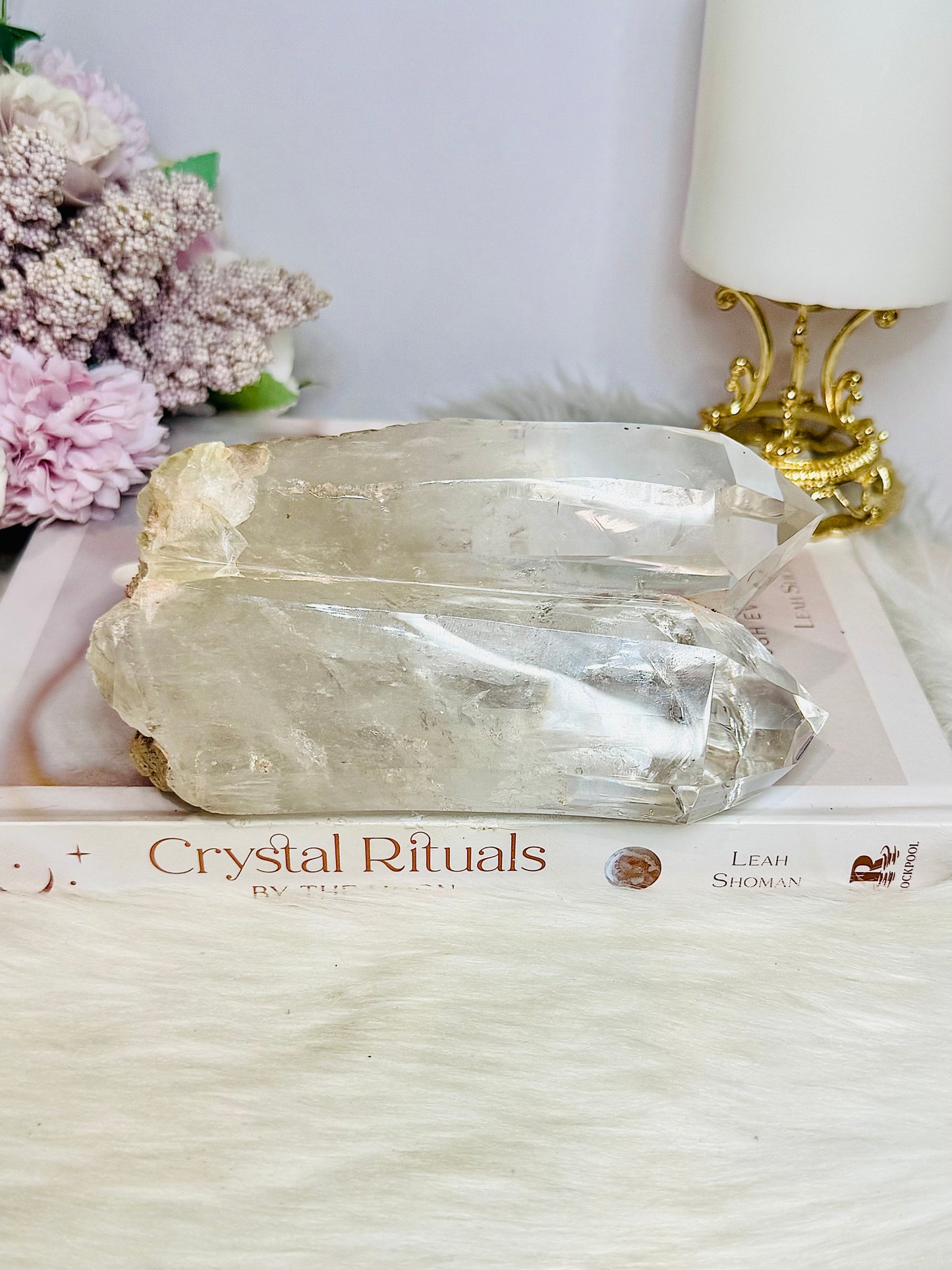 High Grade Clear Quartz Twin | Double Tower with Rainbows on Stand 18cm (on stand) 900g