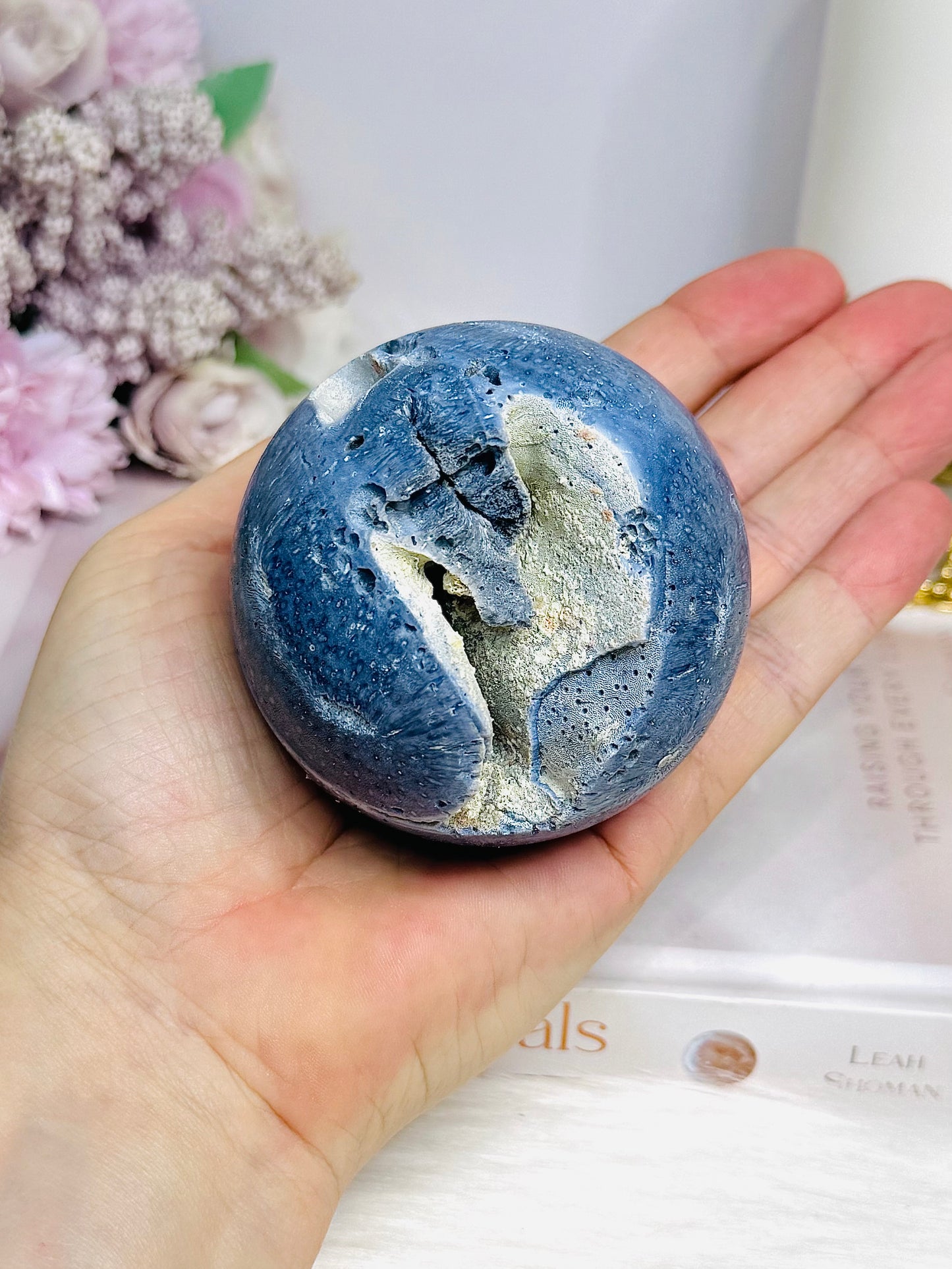 Rare Blue Coral Fossil Sphere on Stand 305g