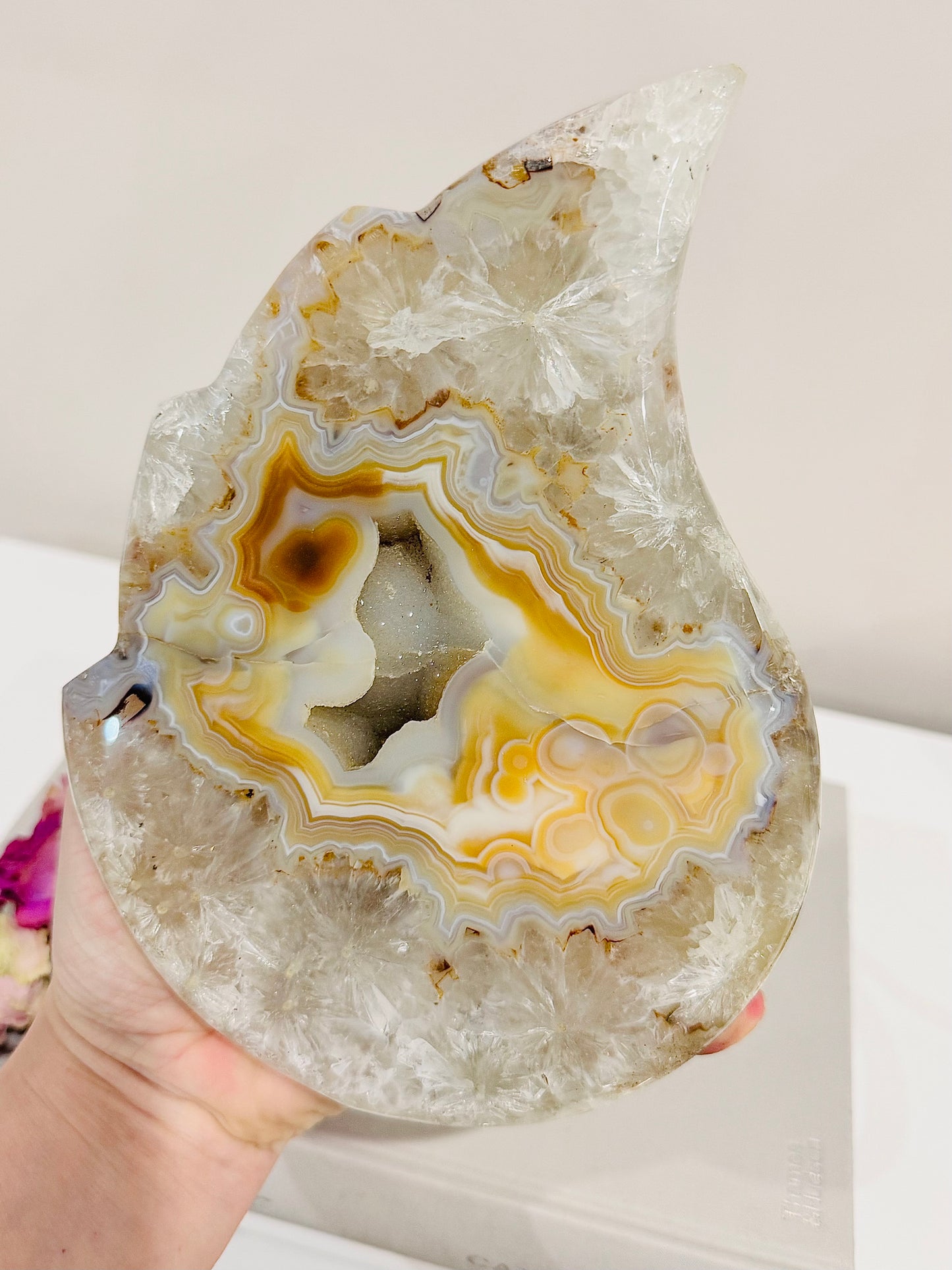 Spectacular Huge Chunky 1.8KG Druzy Agate Carved Flame On Custom Made Stand From Brazil