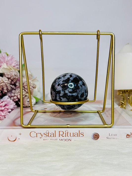 Beautiful Indigo Gabbro Natural Sphere on Gold Swing Stand 400grams