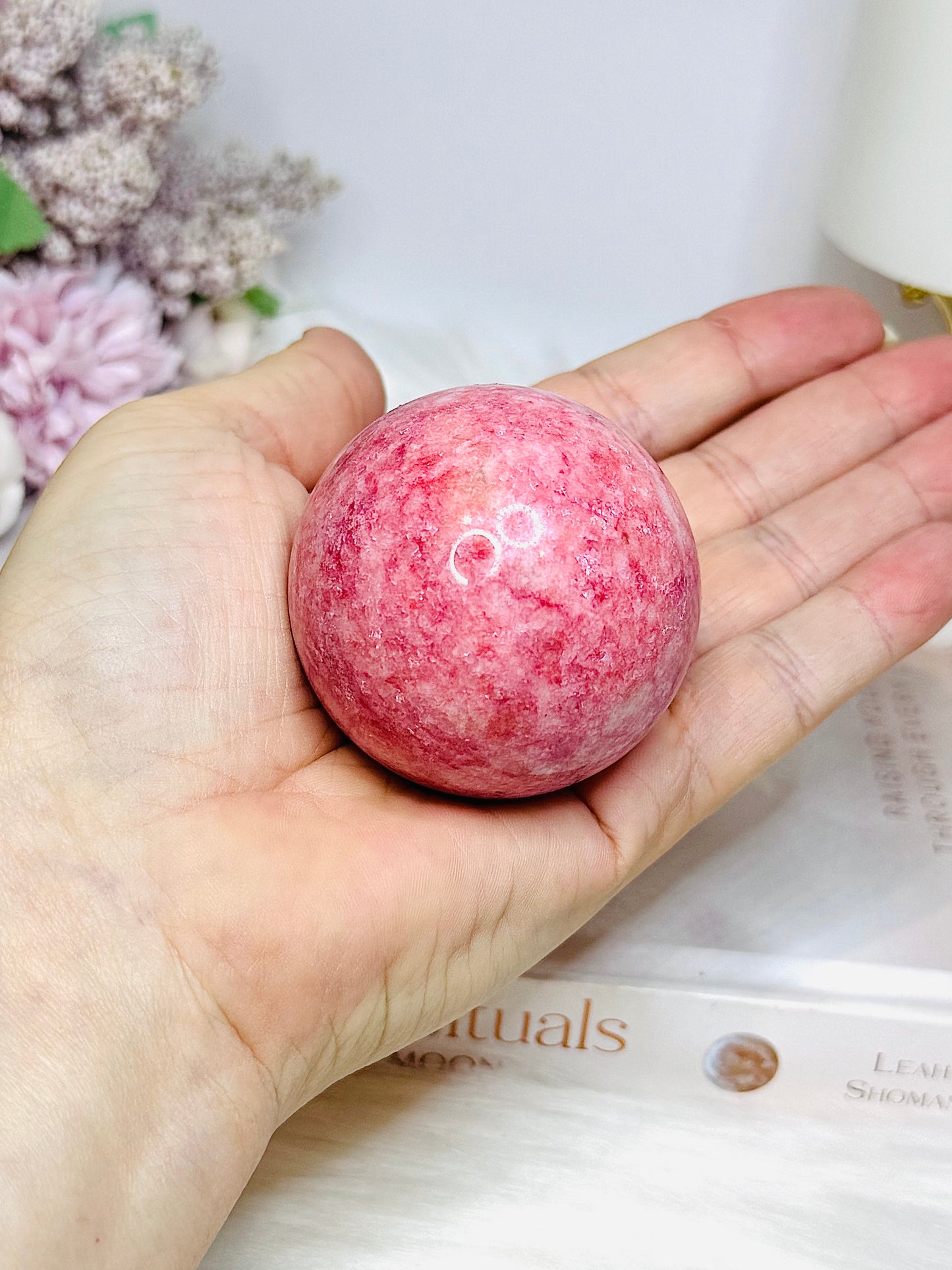 Thulite Sphere with Epidote 202g On Stand