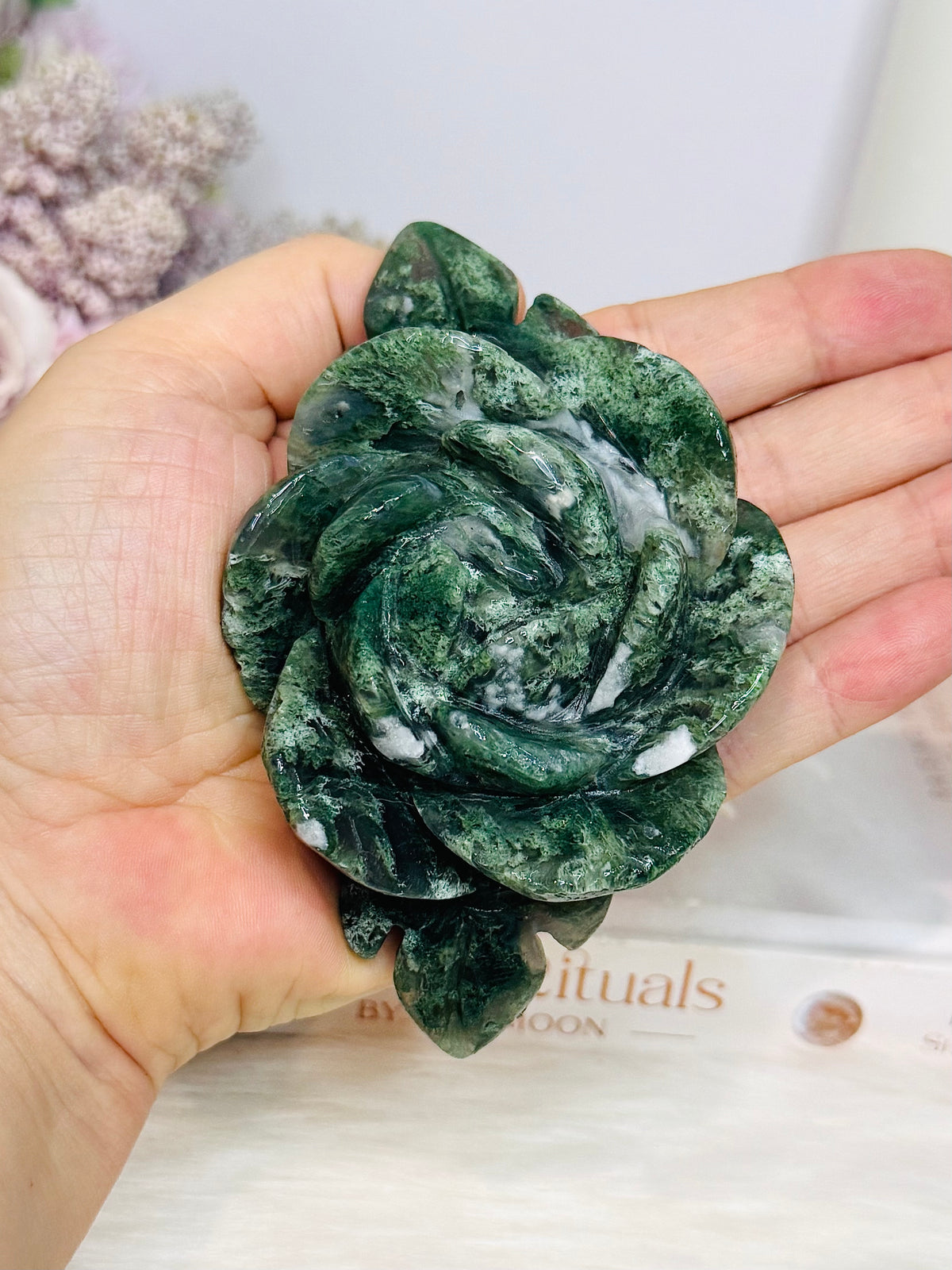 Moss Agate Carved Flower 11cm 209g