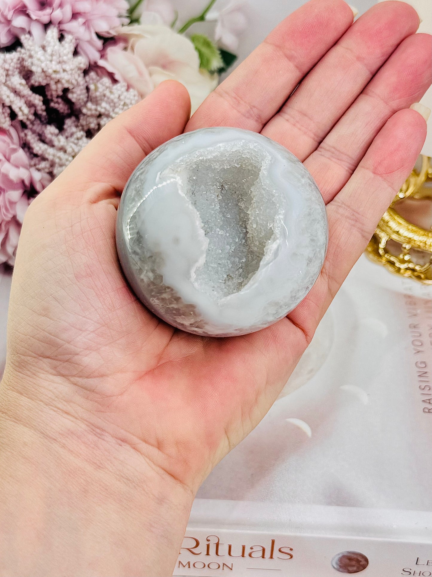 Absolutely Stunning High Grade Druzy Agate Sphere On Stand From Brazil 221grams