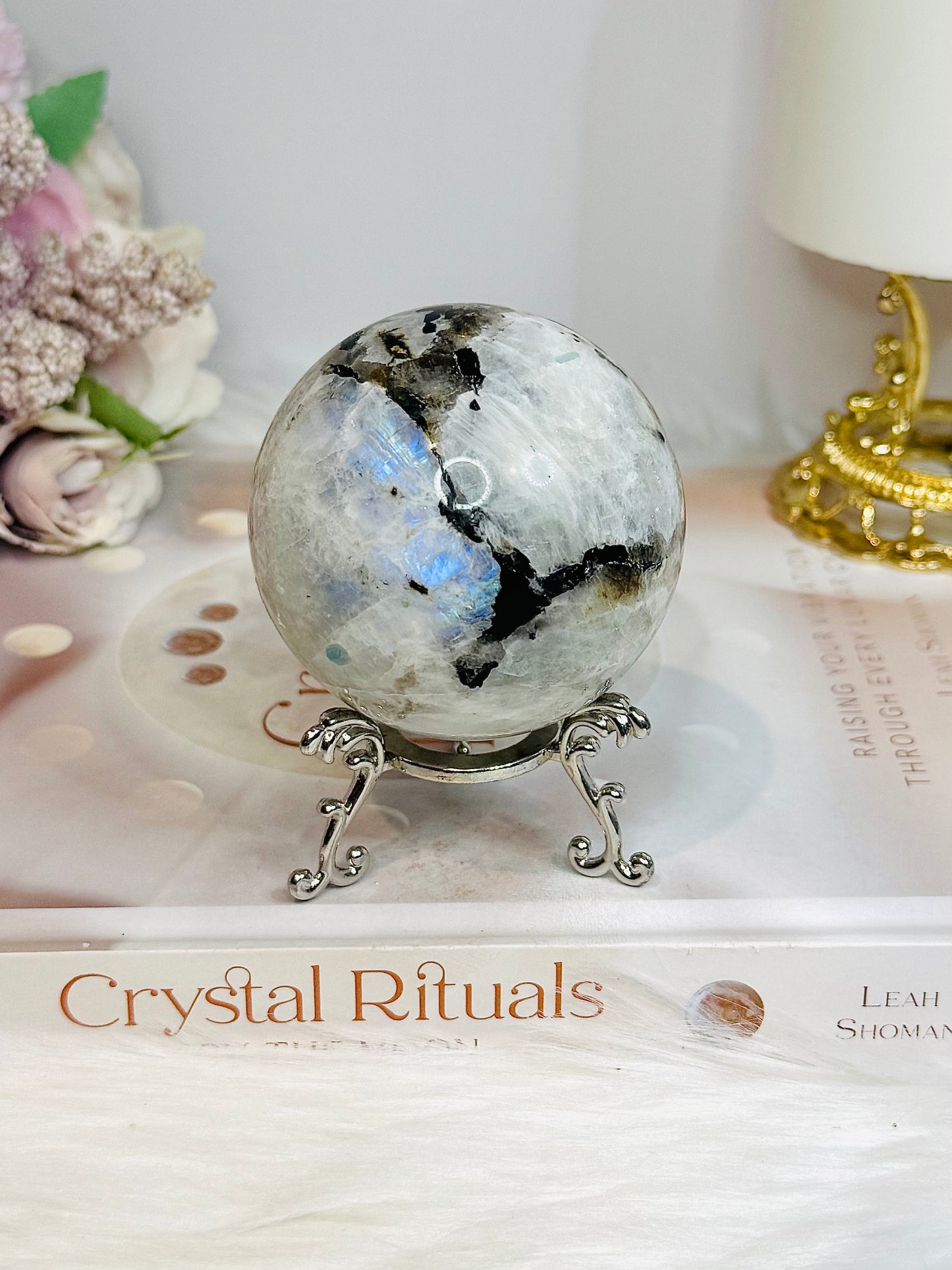 Rainbow Moonstone Sphere on Stand with Blue Flash 337g