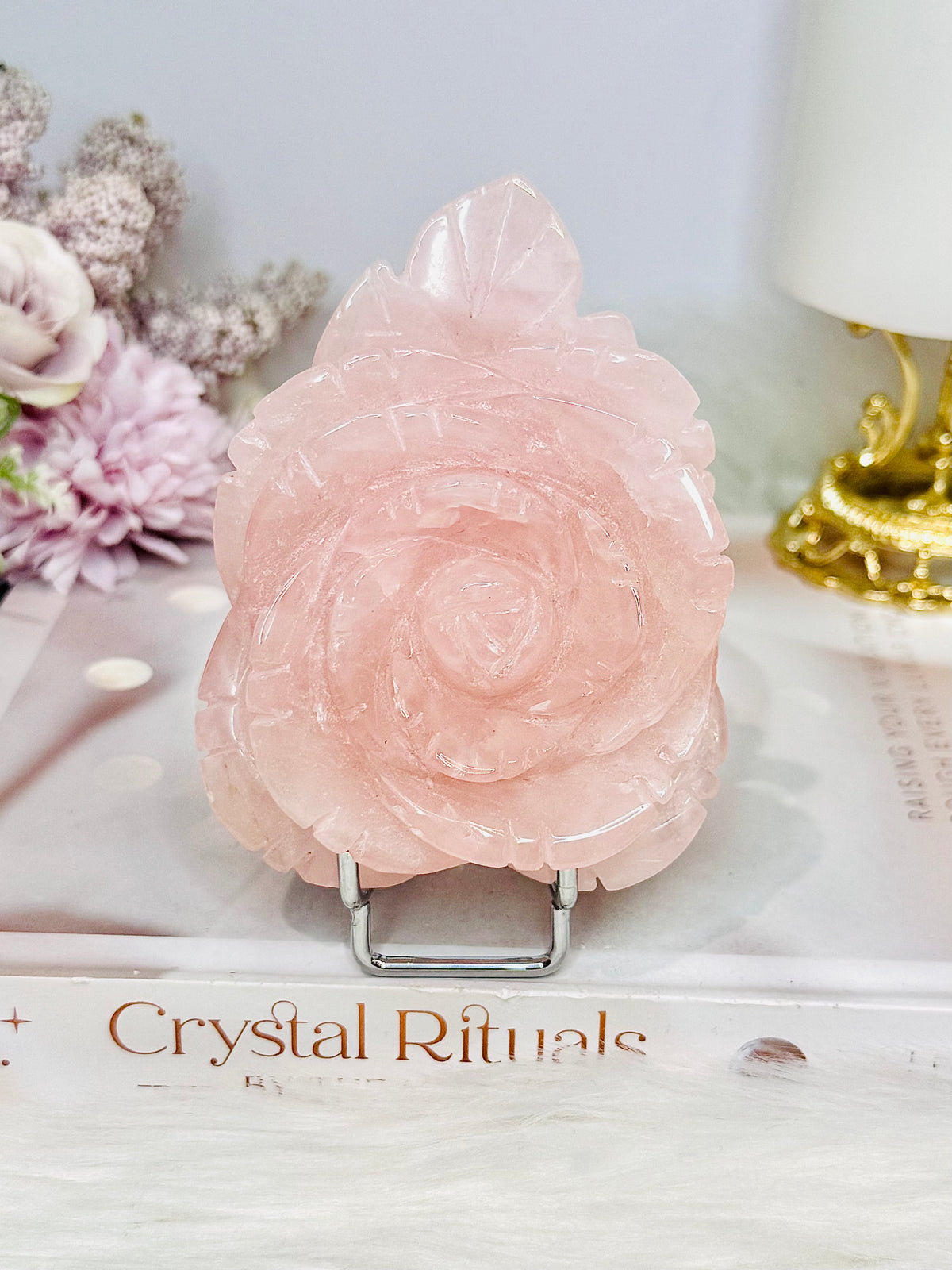 Large Rose Quartz Carved Rose 10cm