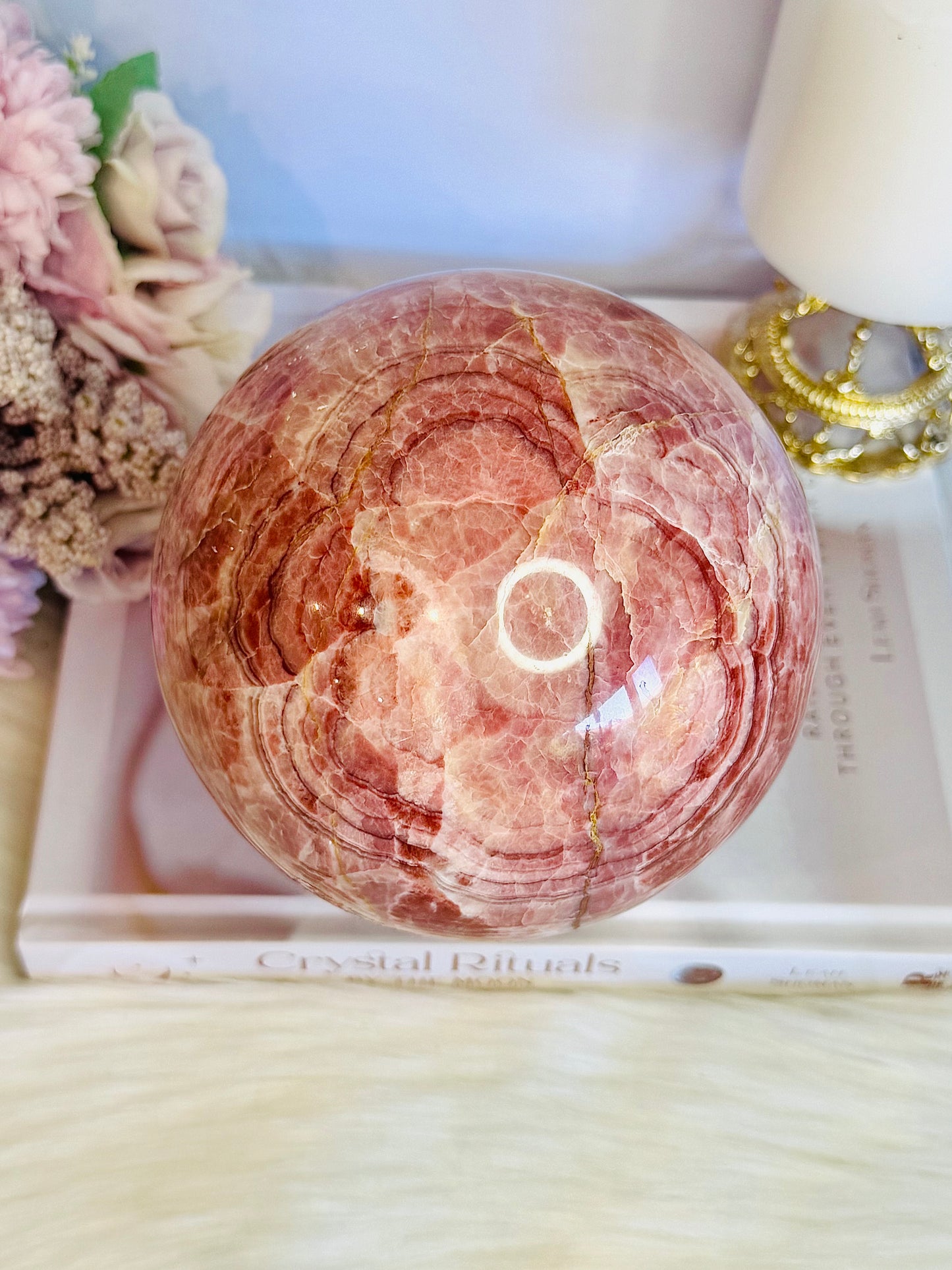 Huge 2.3KG Red Banded Calcite | Pork Stone Sphere On Stand