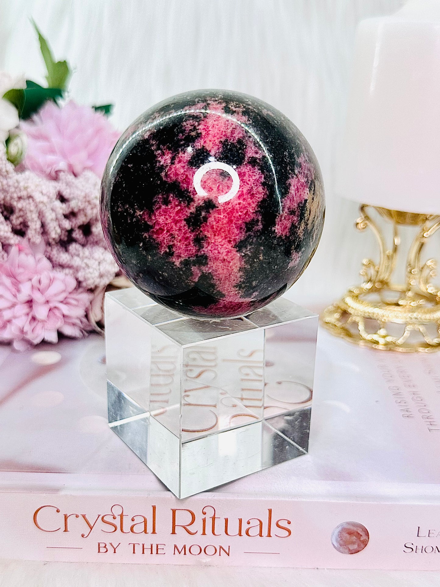 Fabulous Large 583gram Perfect Rhodonite Sphere On Stand (glass stand in pic is disabled lay only) From Sweden