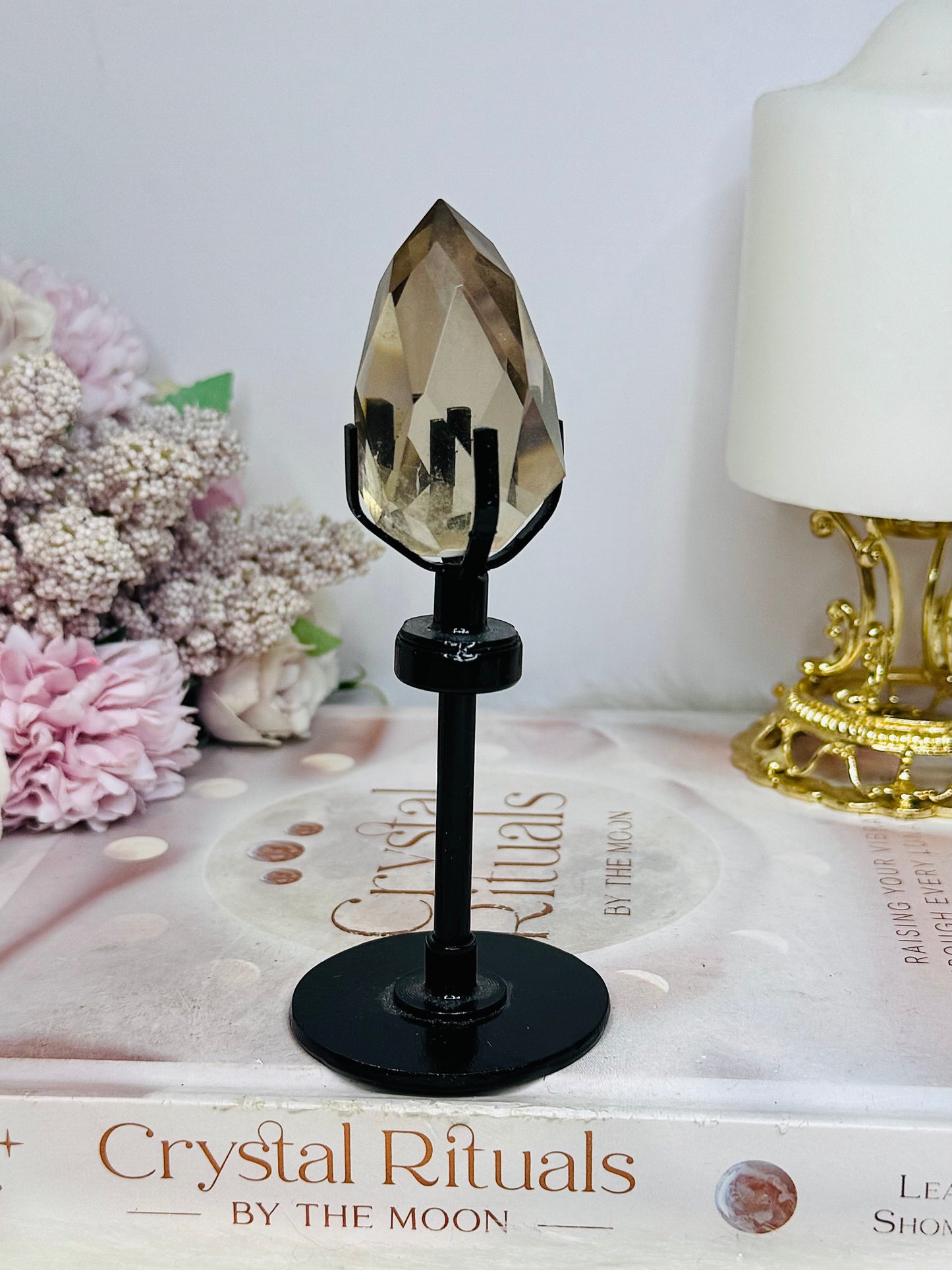 High Grade Smokey Quartz Carved Diamond on Stand