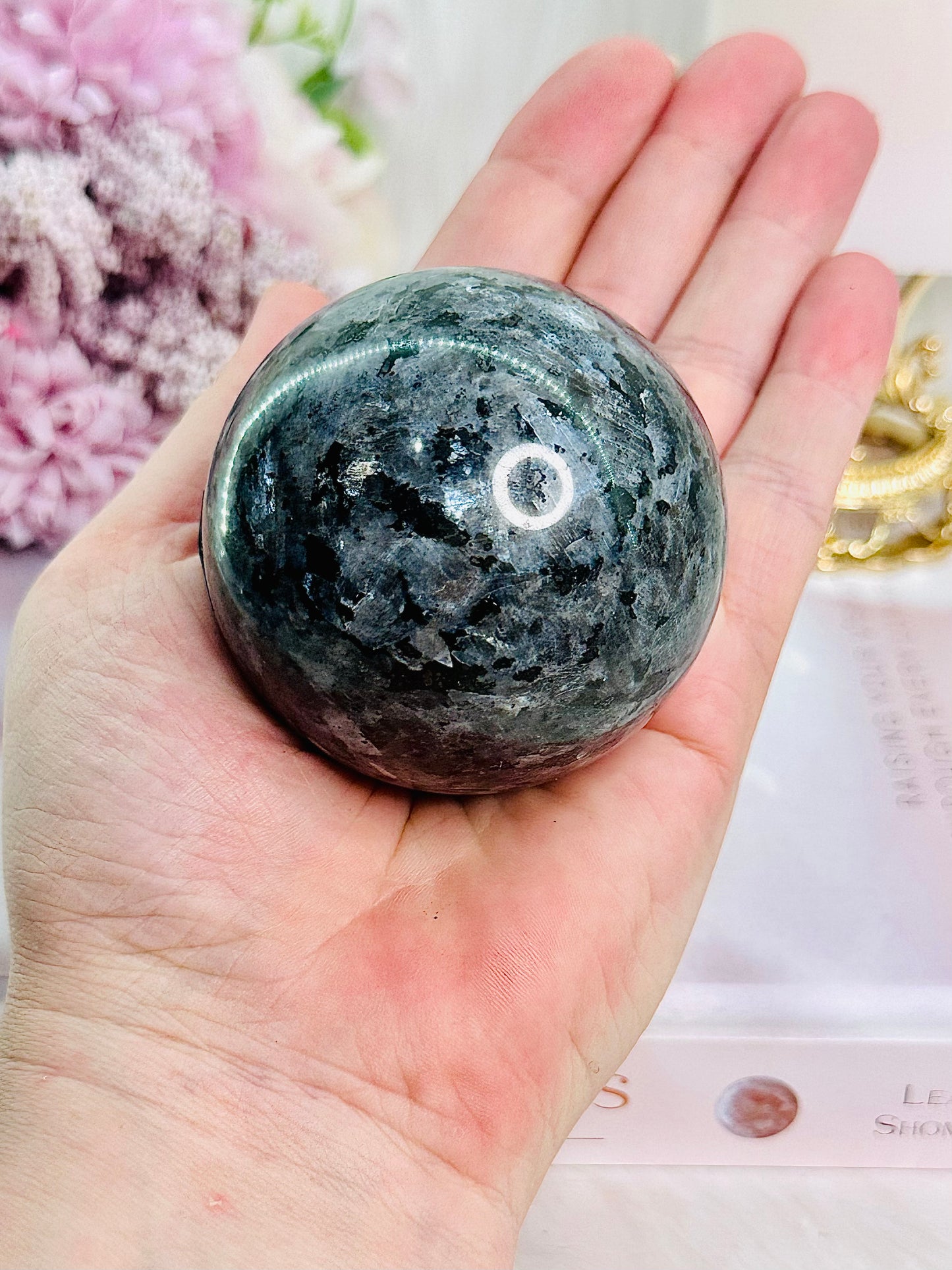 Protective & Grounding Stone ~ Beautiful Larvikite Sphere 319gram On Silver Stand (Glass stand in pic is display only)