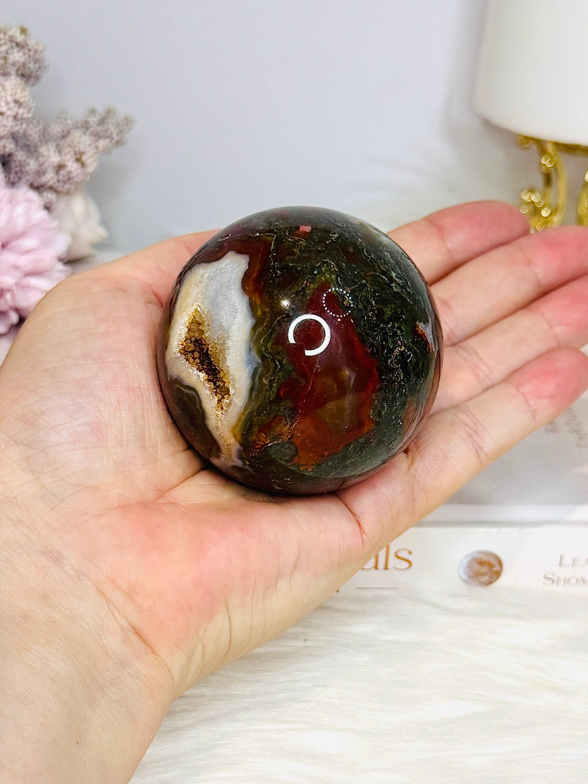 Druzy Red Moss Agate Sphere on Stand 303g