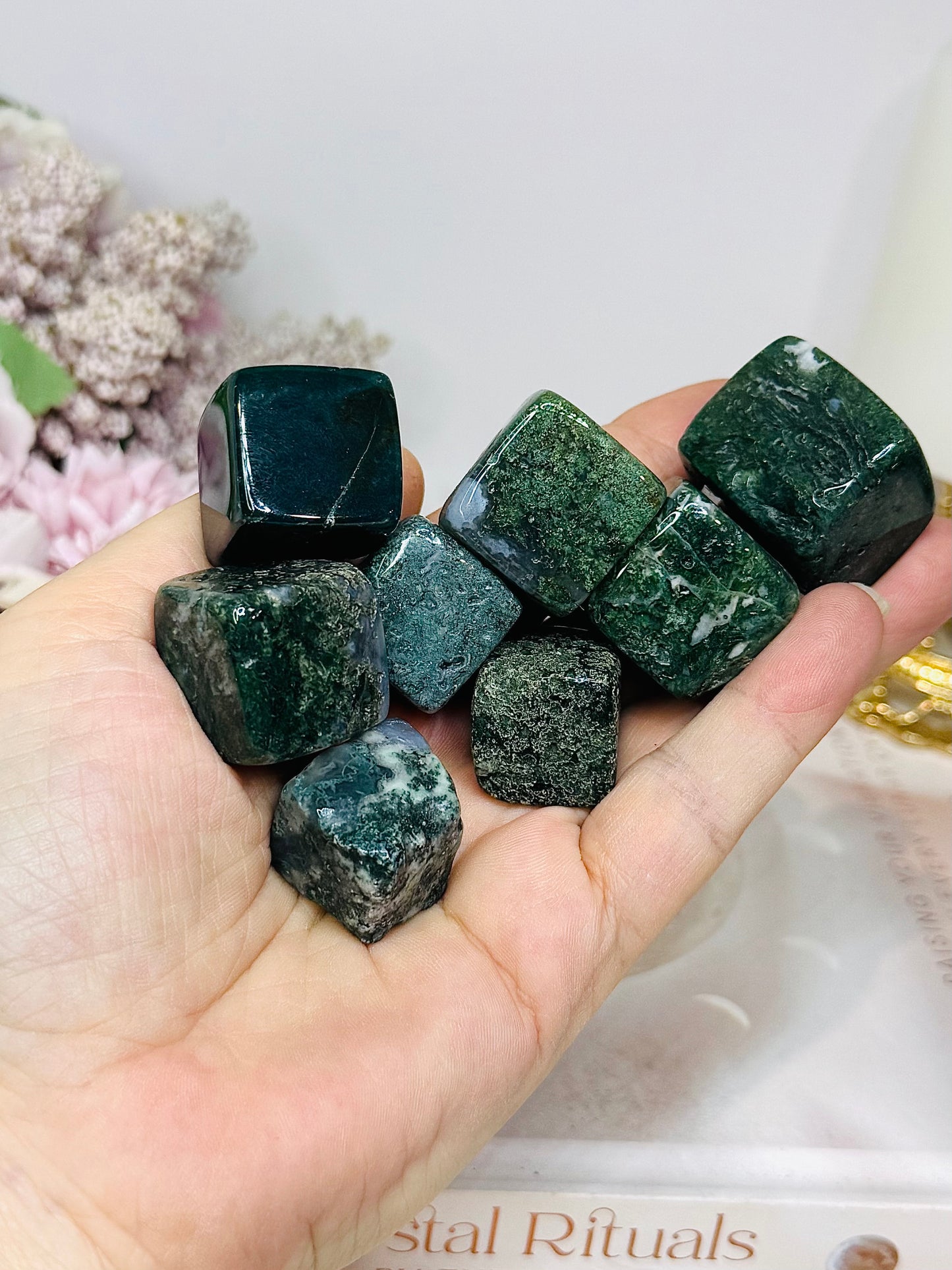 Moss Agate Cubed Tumbles $5 each