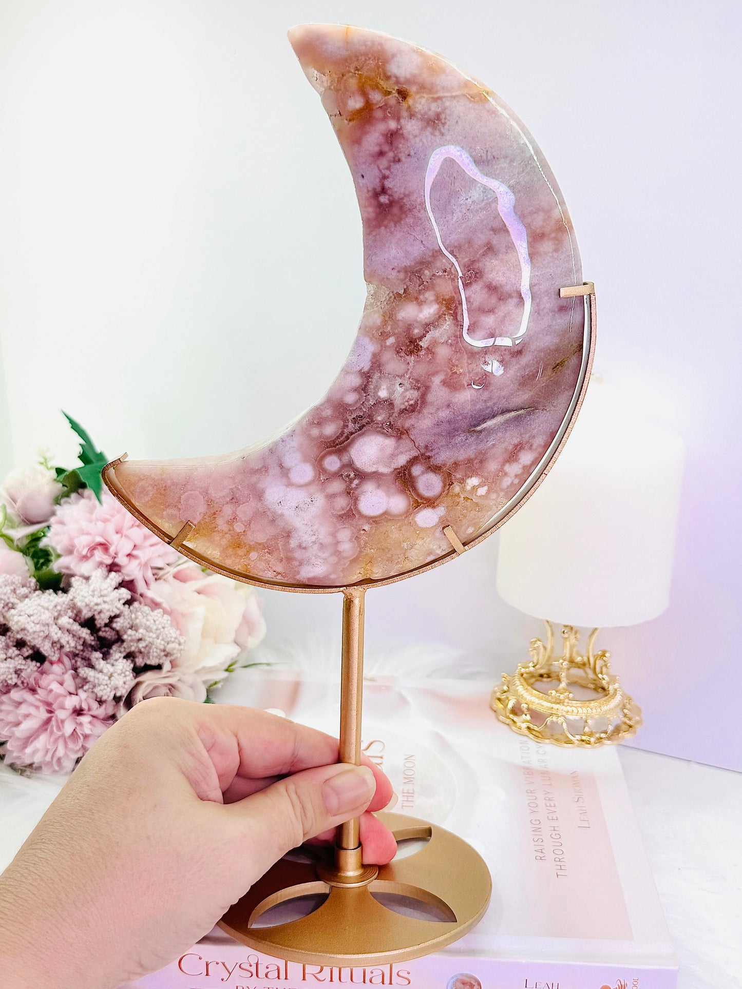 Absolutely Spectacular Large 28cm (Inc Standing) Druzy Pink Amethyst Carved Moon On Gold Stand From Brazil