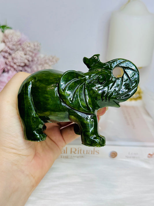 Large Green Jade Carved Elephant 12cm 503g
