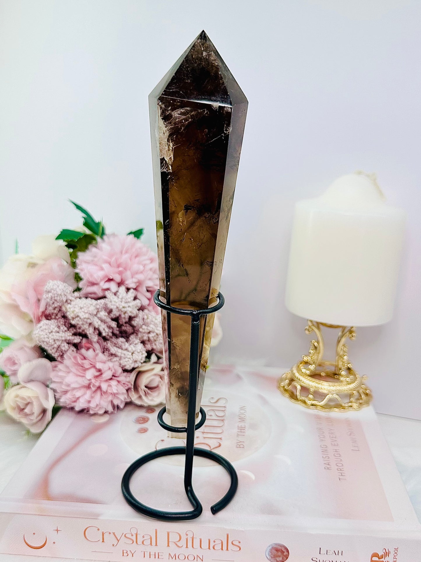 Supports Anxiety & Depression ~ Stunning Tall 22cm Smokey Quartz Wand | Tower on Black Stand