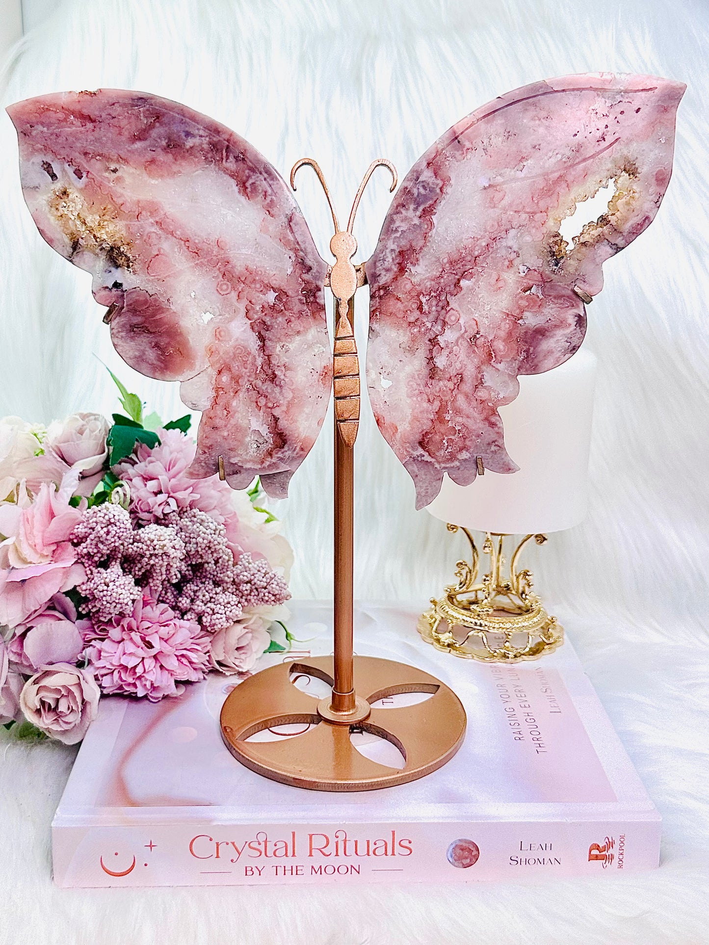 CLASSY & ABSOLUTELY FABULOUS Druzy Pink Amethyst Butterfly Wings 25cm Tall (Inc Stand) On Gold Stand