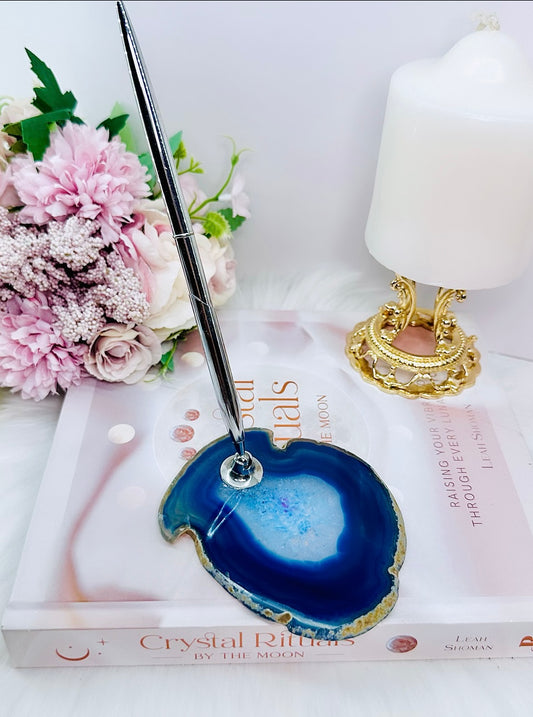 Transforms Negative to Positive ~ Perfect Desk Accessory ~ Gorgeous Blue Agate Slab Pen Holder