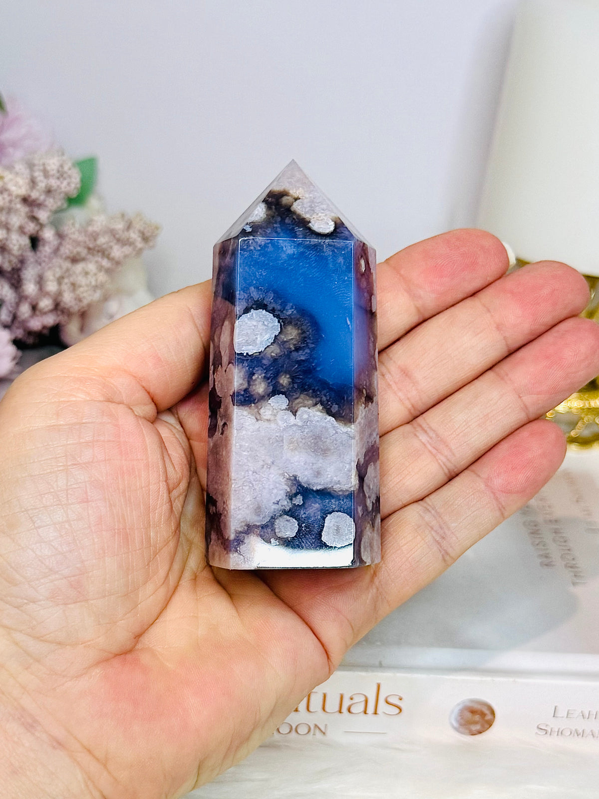 High Grade Chunky Blue Flower Agate Tower 8.5cm