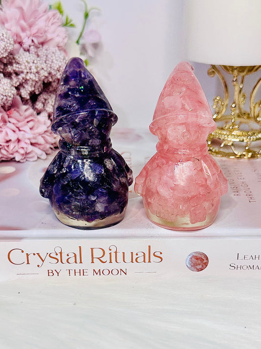 Beautiful Set of 2 Christmas Resin Snowman Crystals Amethyst & Rose Quartz