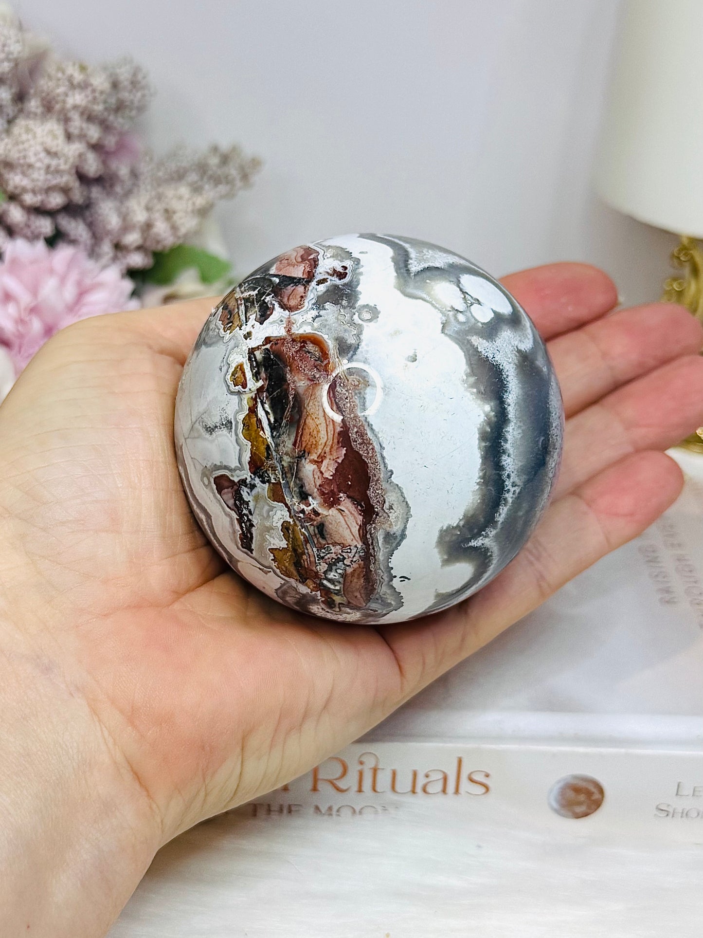 Large Mexican Crazy Lace Agate Druzy Sphere On Stand 425g