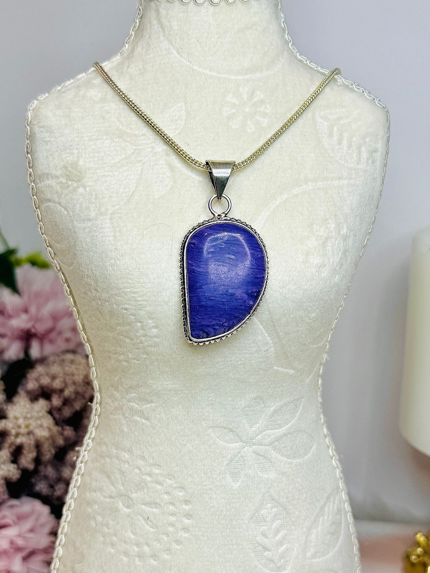 Purple Charoite Sterling Silver 925 Pendant on Chain In Gift Bag