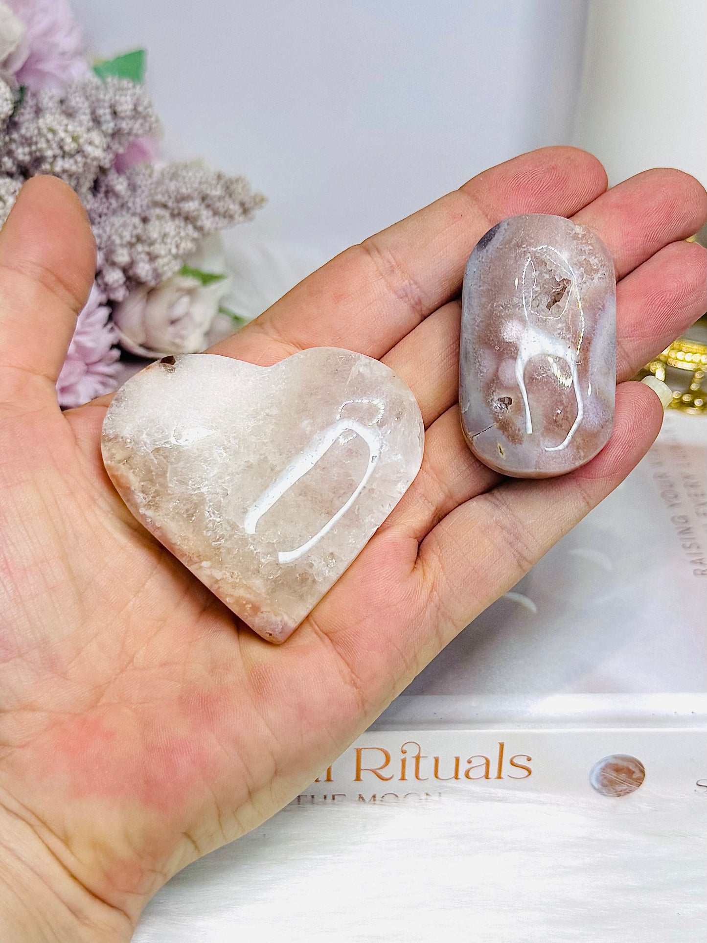 Flower Agate Heart & Palm Stone