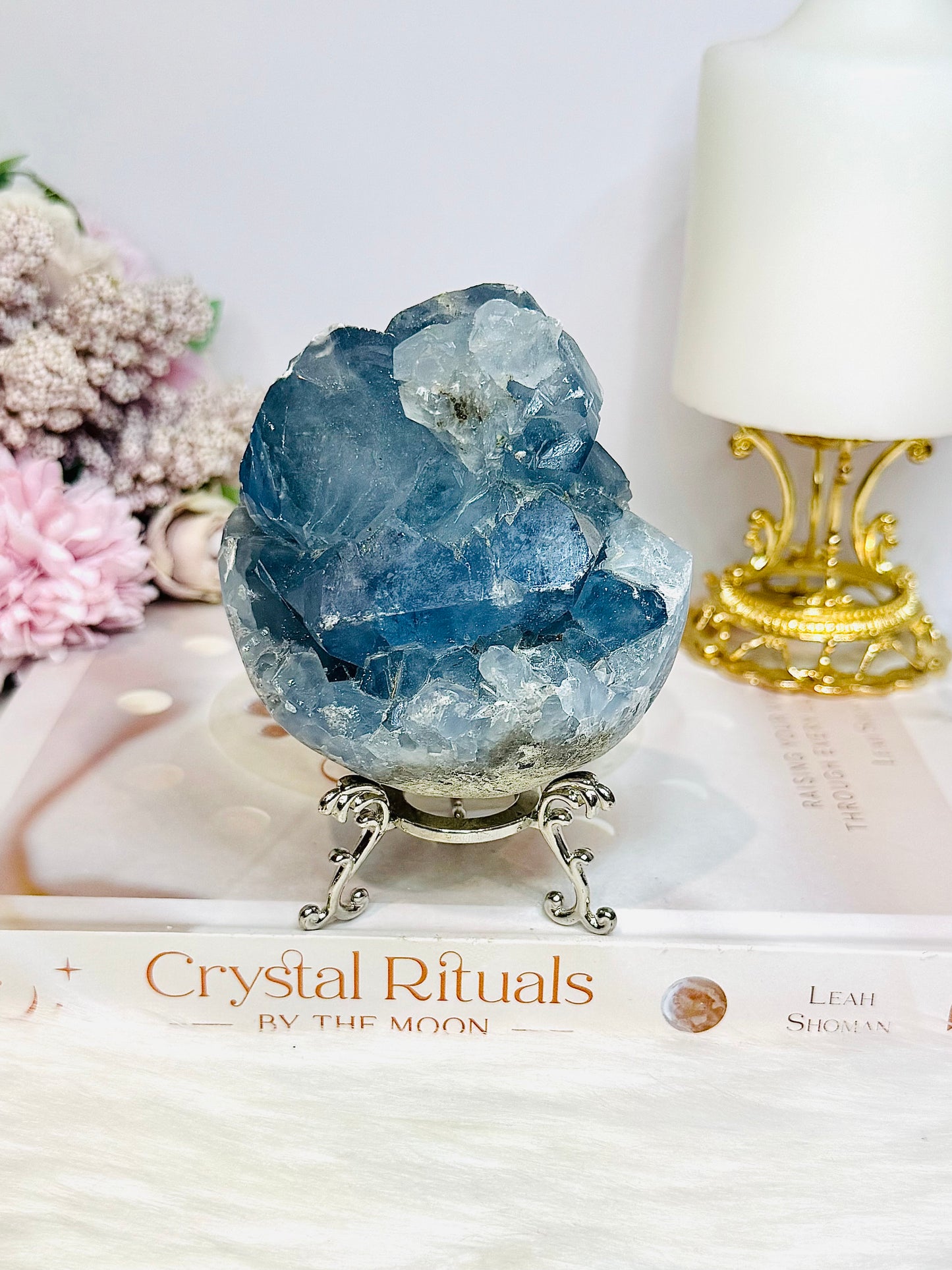 Large Blue Celestite Cluster on Stand 668g