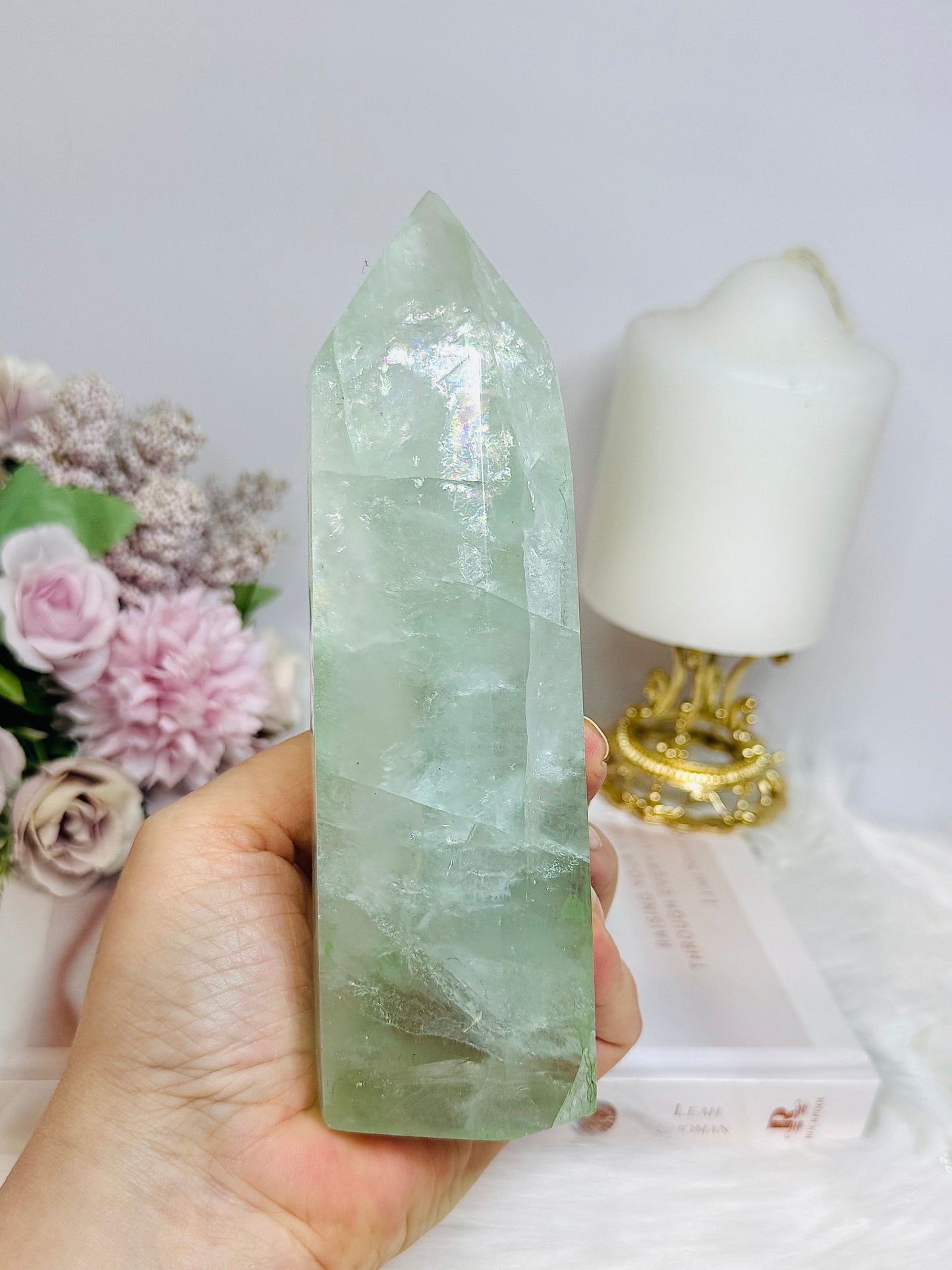 Large Green Fluorite Tower with Rainbows 15.5cm 650g