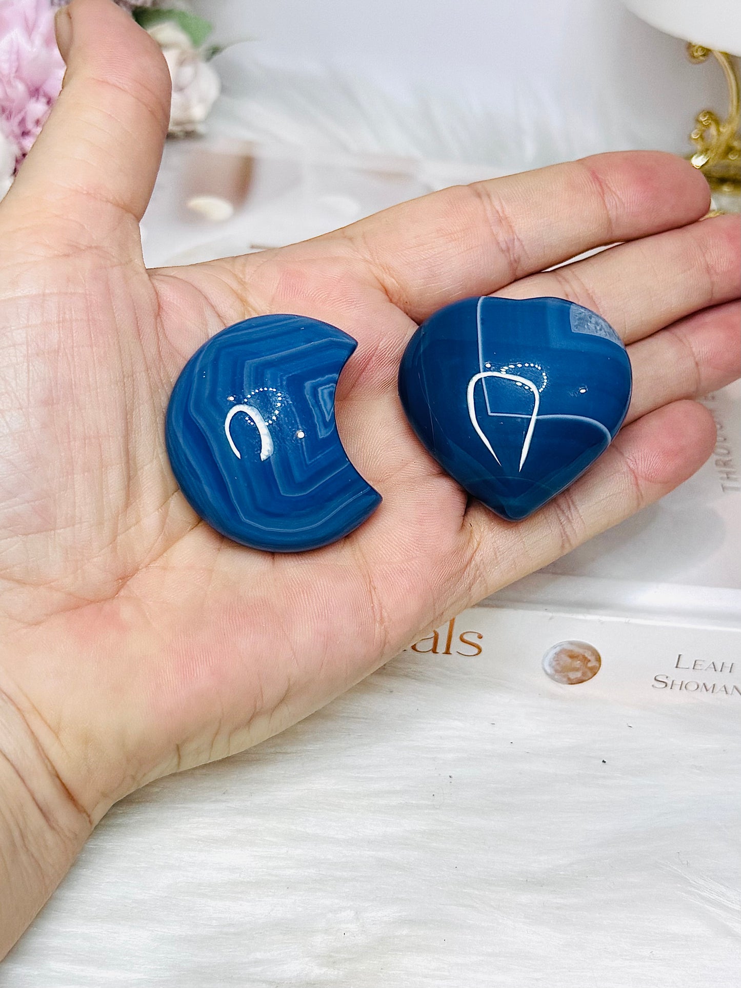 Blue (dyed) Agate Heart & Moon Carvings
