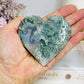 Moss Agate Carved Heart on Stand 8cm