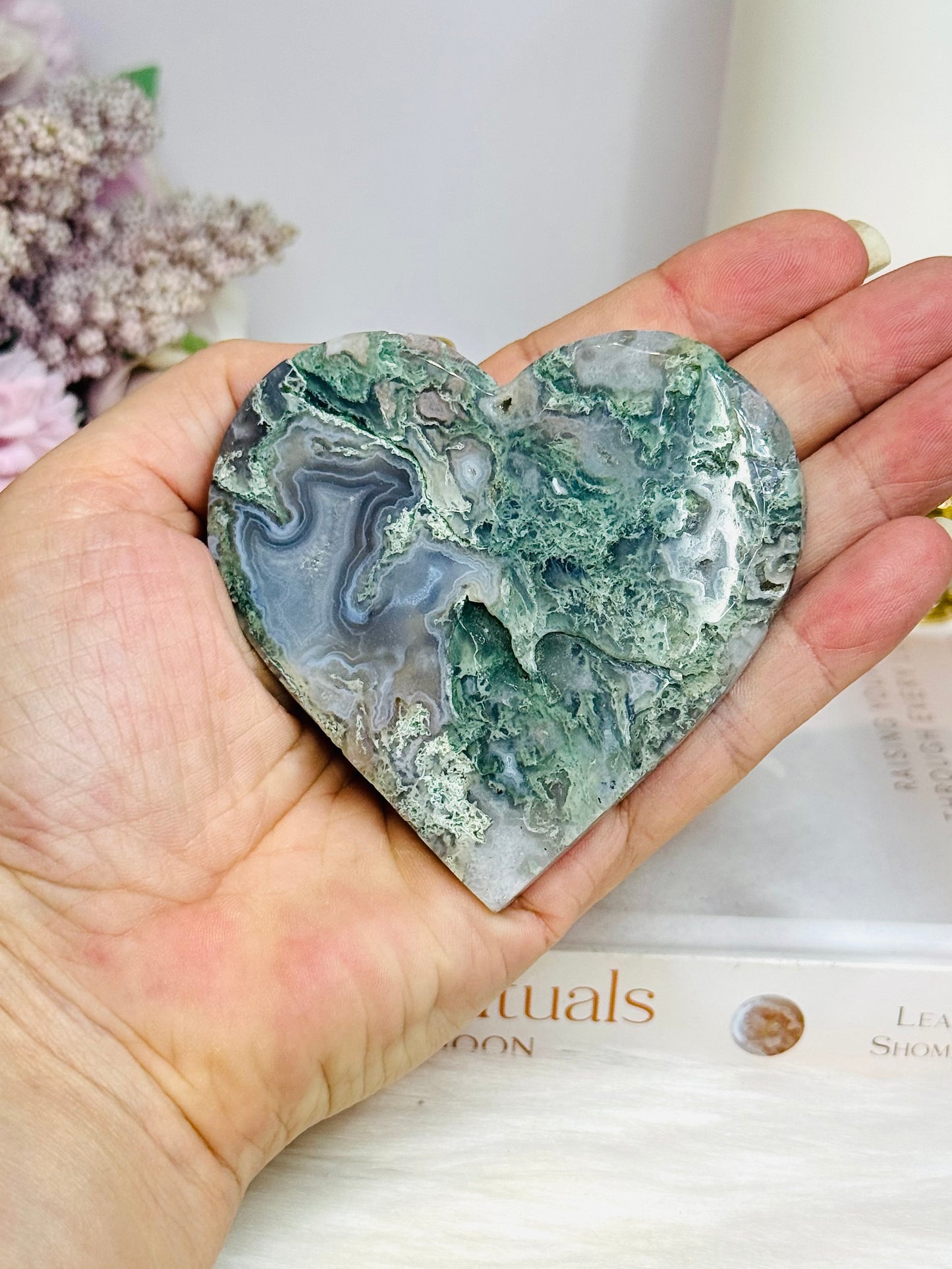 Moss Agate Carved Heart on Stand 8cm