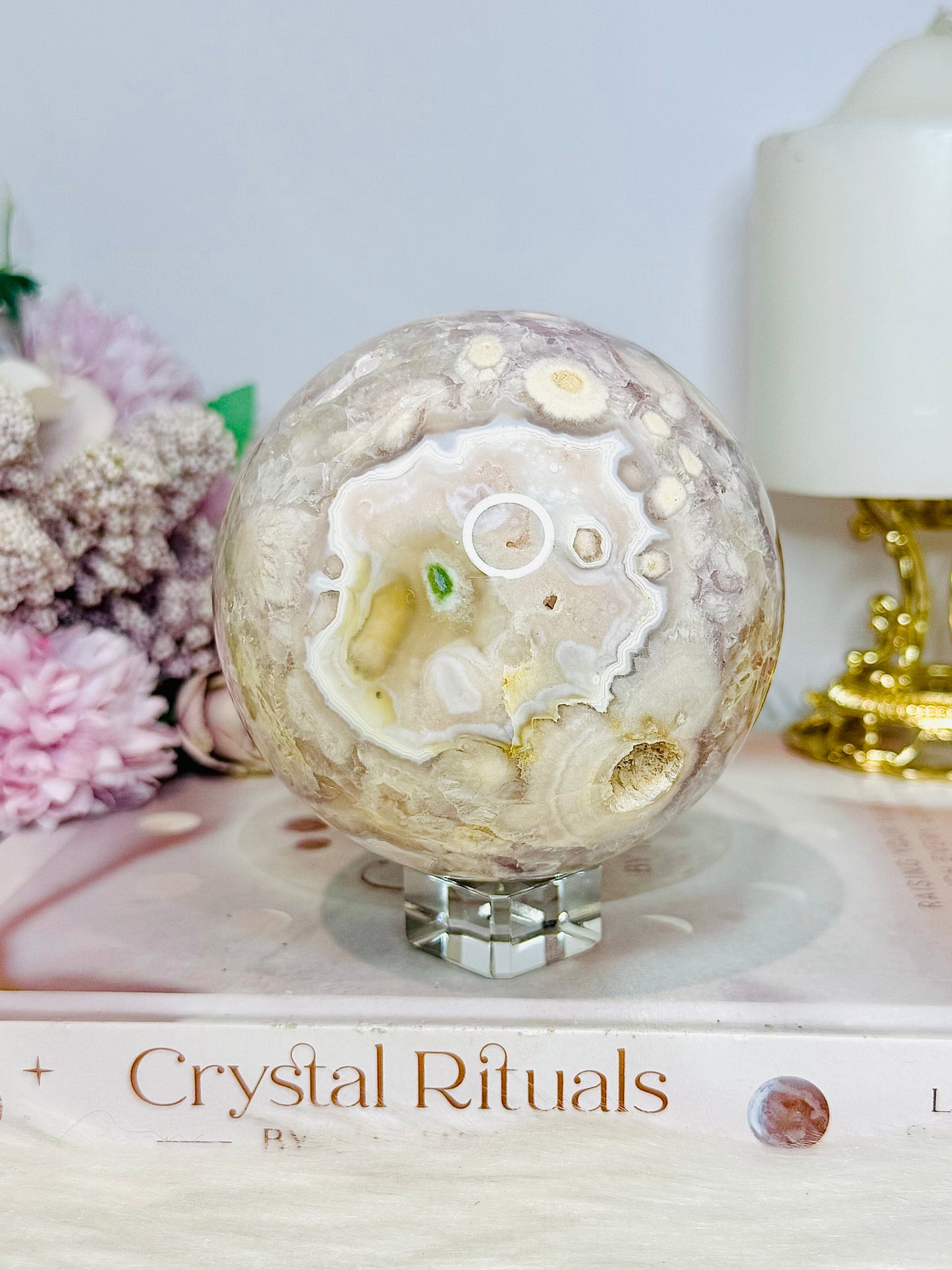 Rare Pink Amethyst X Flower Agate Large Sphere 890g On Stand