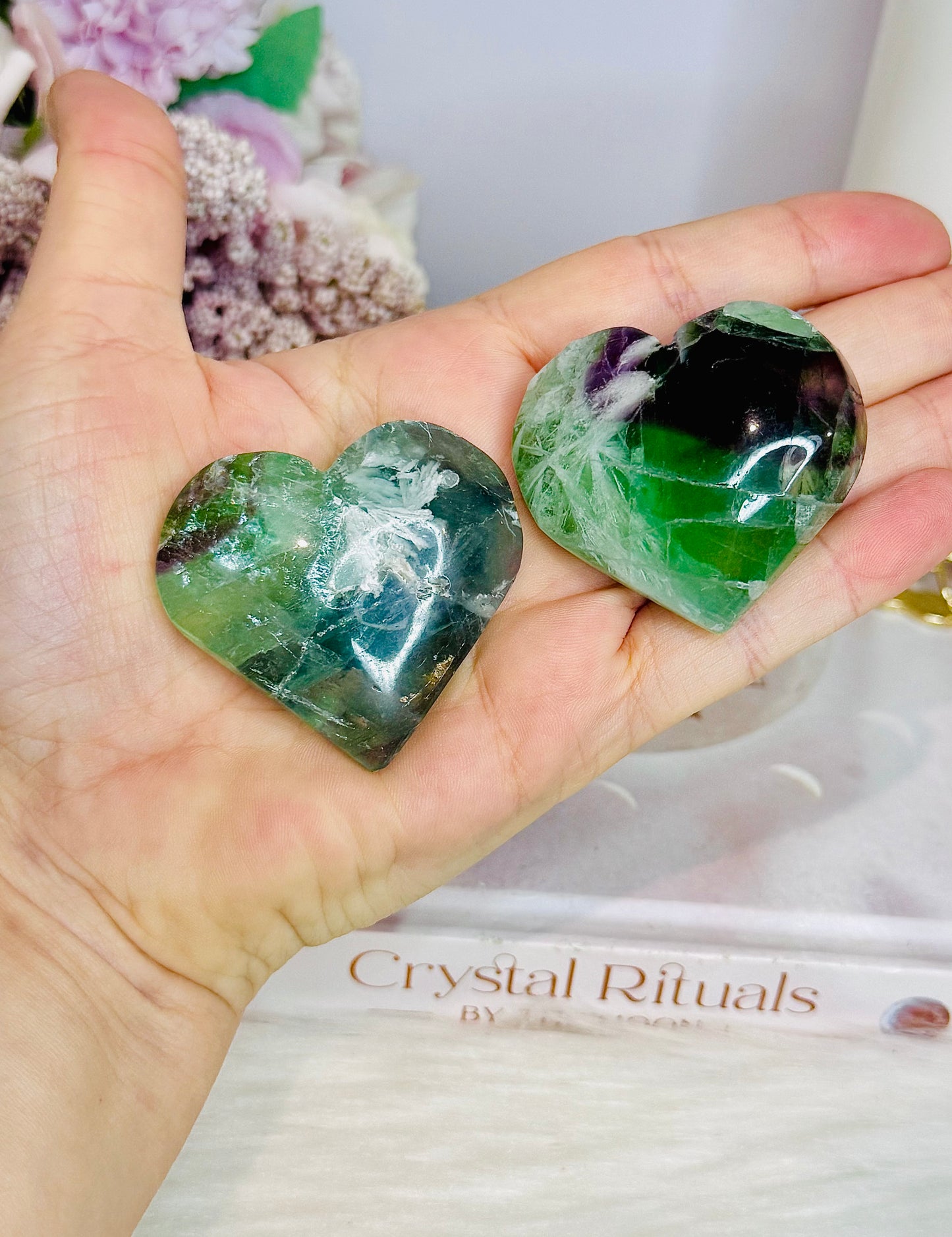 Set of 2 Feather Fluorite Hearts