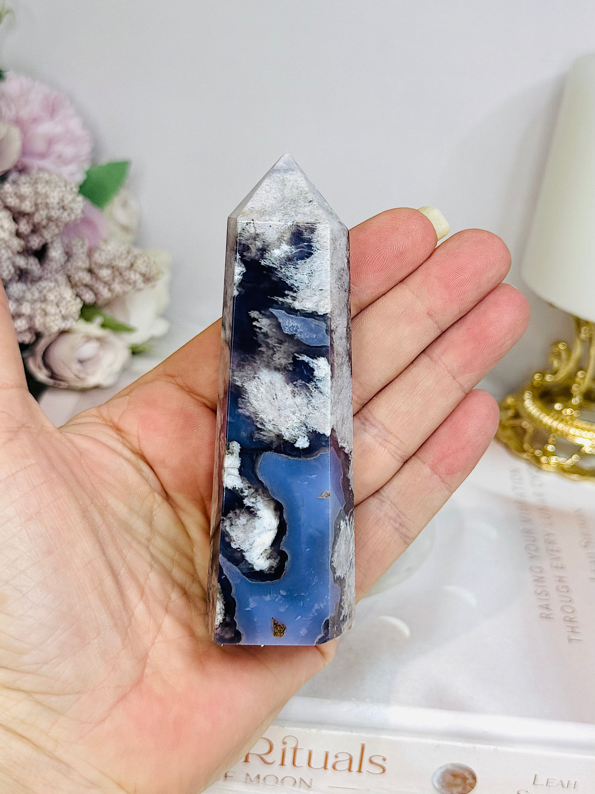 High Grade Blue Flower Agate Tower 10cm