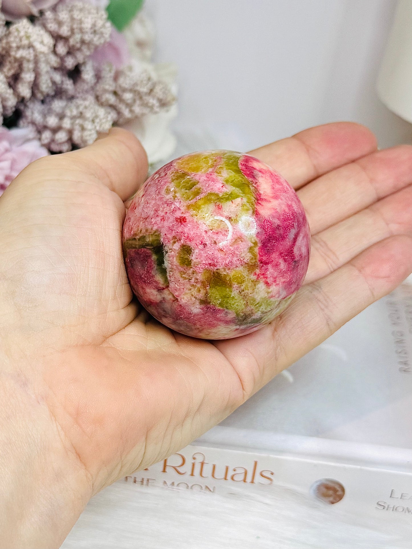 Thulite Sphere with Epidote 208g On Stand