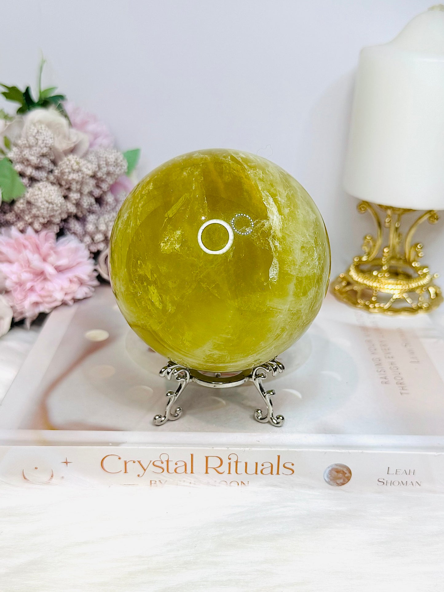 Large Citrine Sphere With Rainbows (heat treated) On Stand 870g