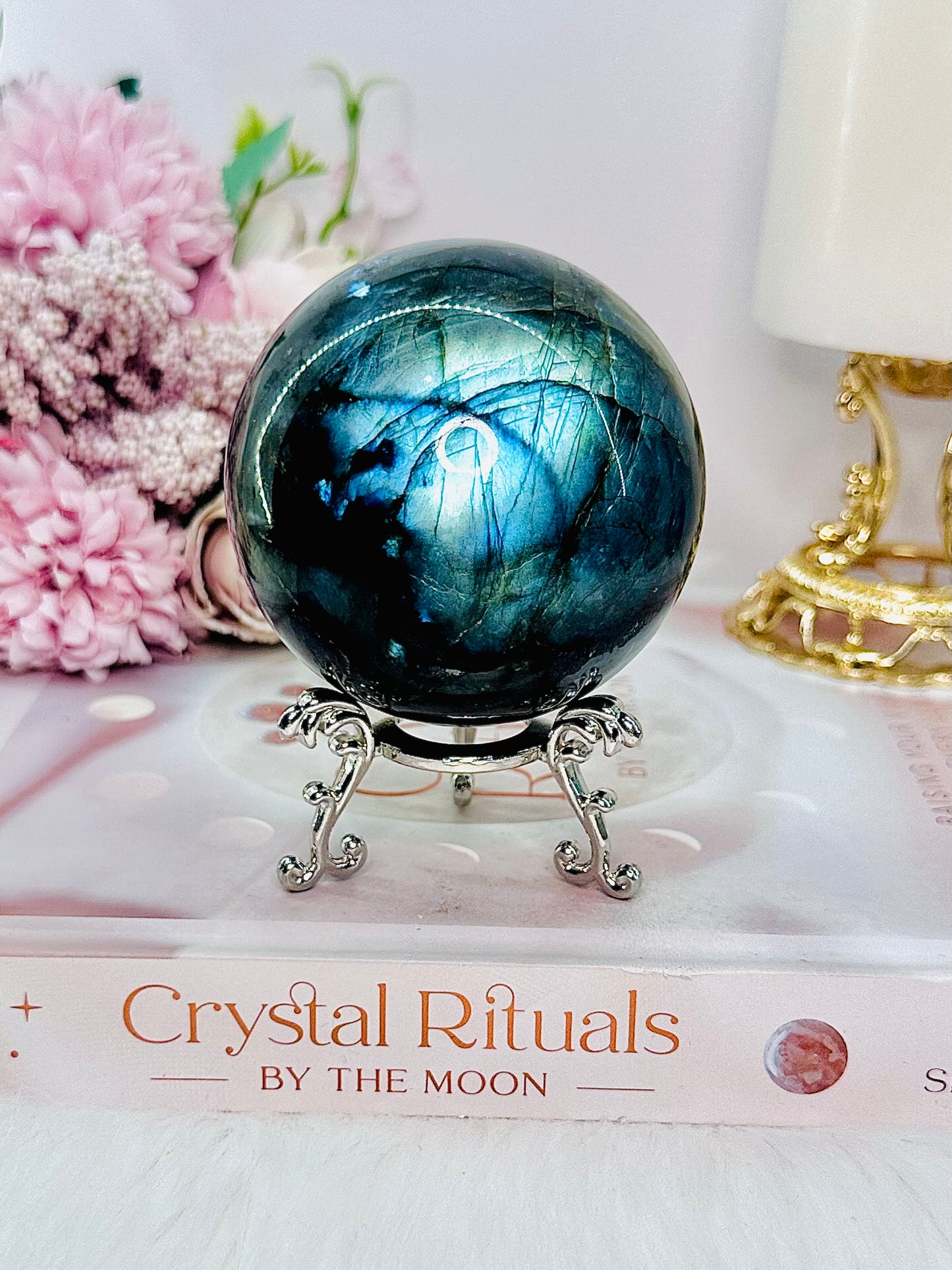 Gorgeous Large 439gram Labradorite Sphere On Stand with Stunning Blue Flash