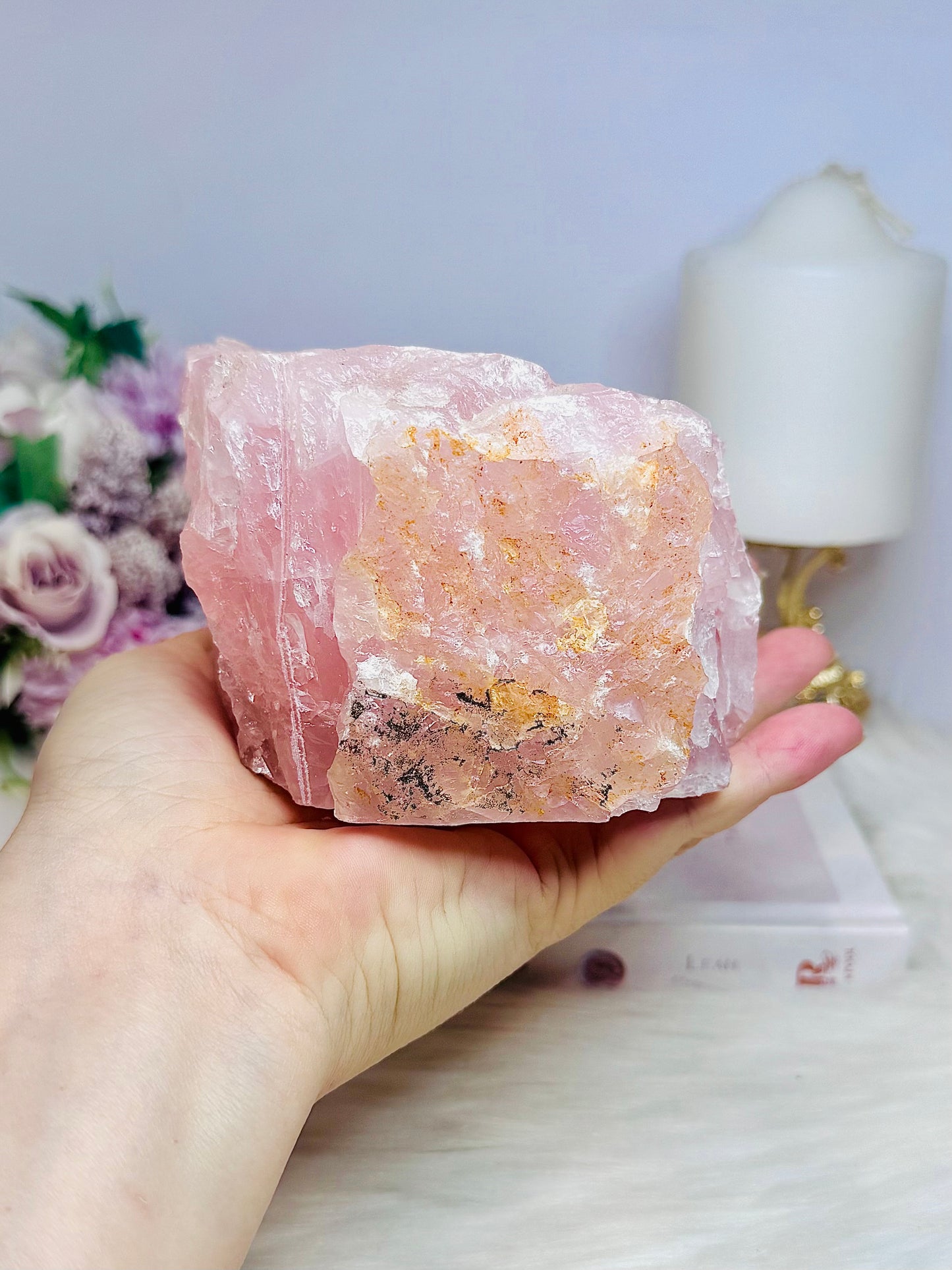 Large Chunky Rose Quartz Candle Holder 892g