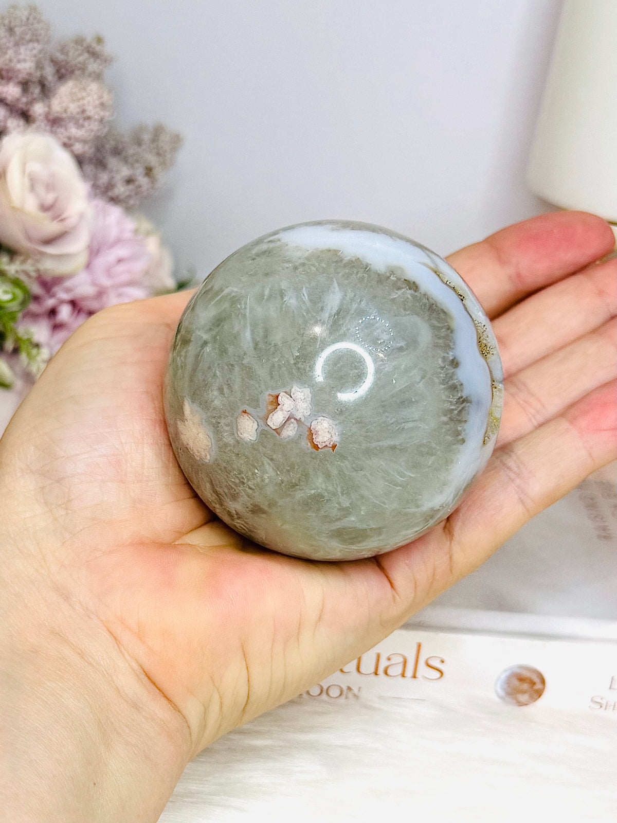Large Green Flower Agate Sphere On Stand 369g