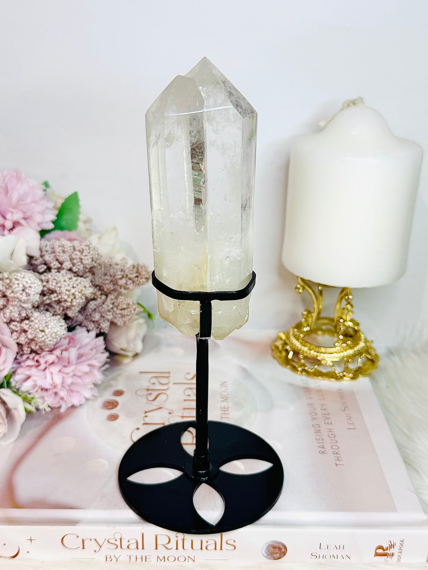 Clear Quartz Double | Twin Tower On Black Stand 17cm
