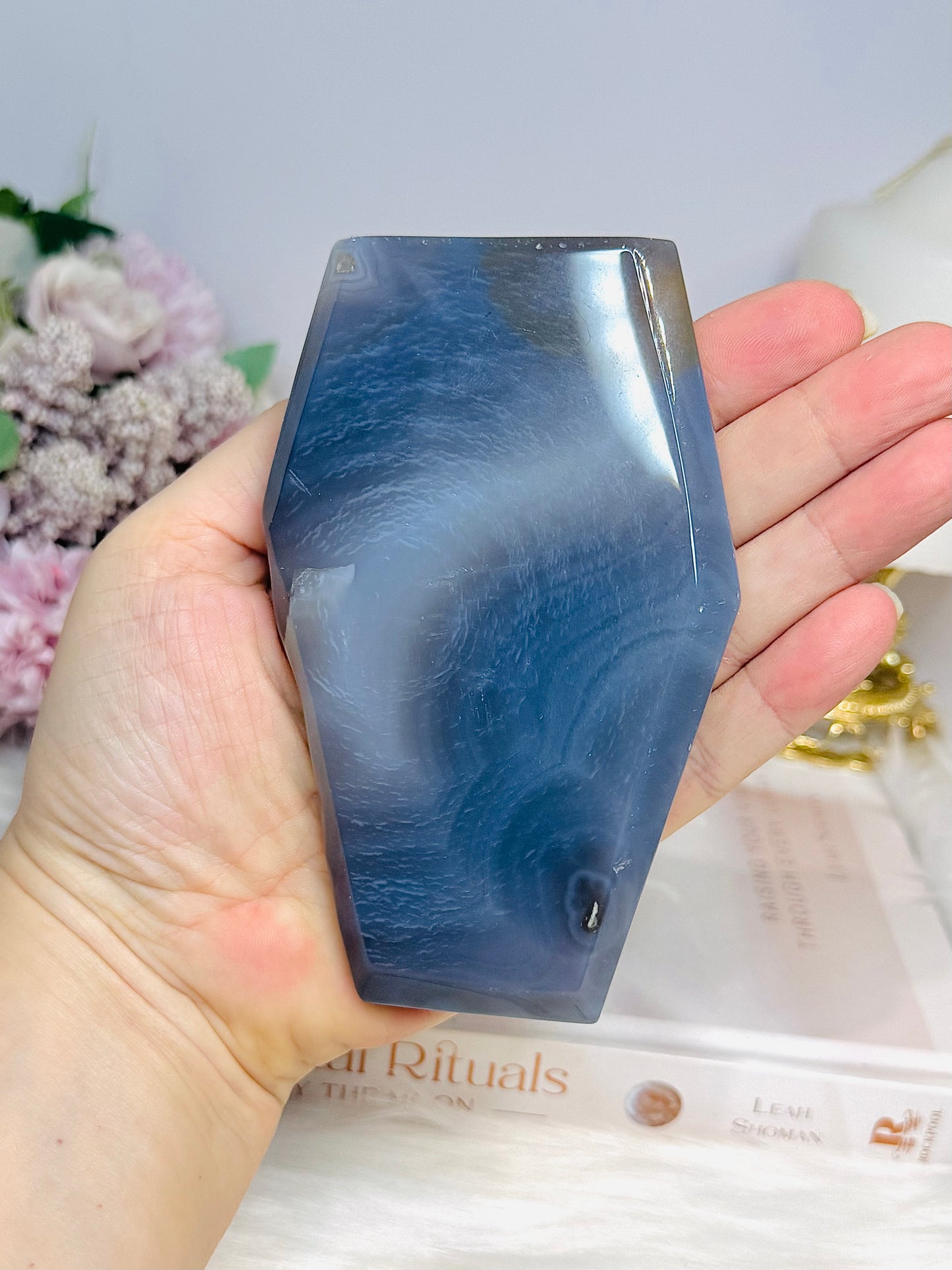 Druzy Agate Carved Coffin 12.5cm On Stand