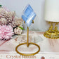 High Grade Blue Lace Agate Carved Diamond On Gold Stand 13.5cm