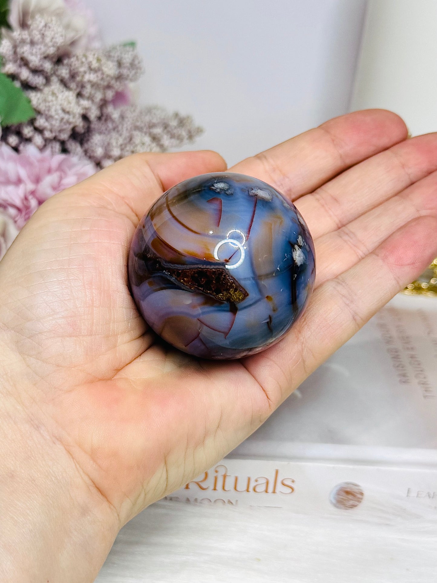 Blue Flower Agate Sphere on Stand 172g