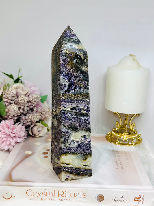 Large Purple Fluorite X Sphalerite Druzy Tower 20cm 747g