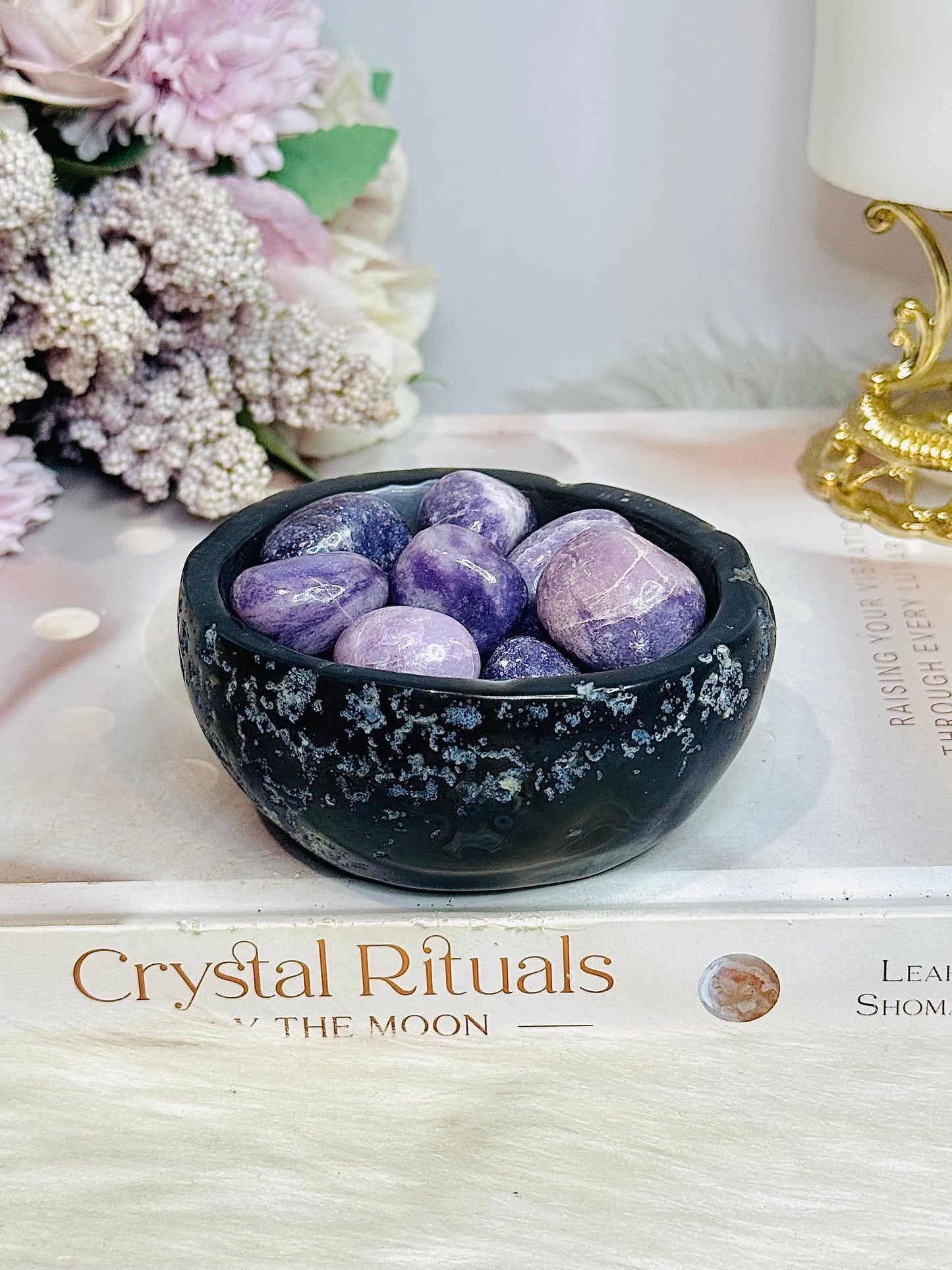 Natural Agate Carved Bowl Filled with Lepidolite Tumbles 426g
