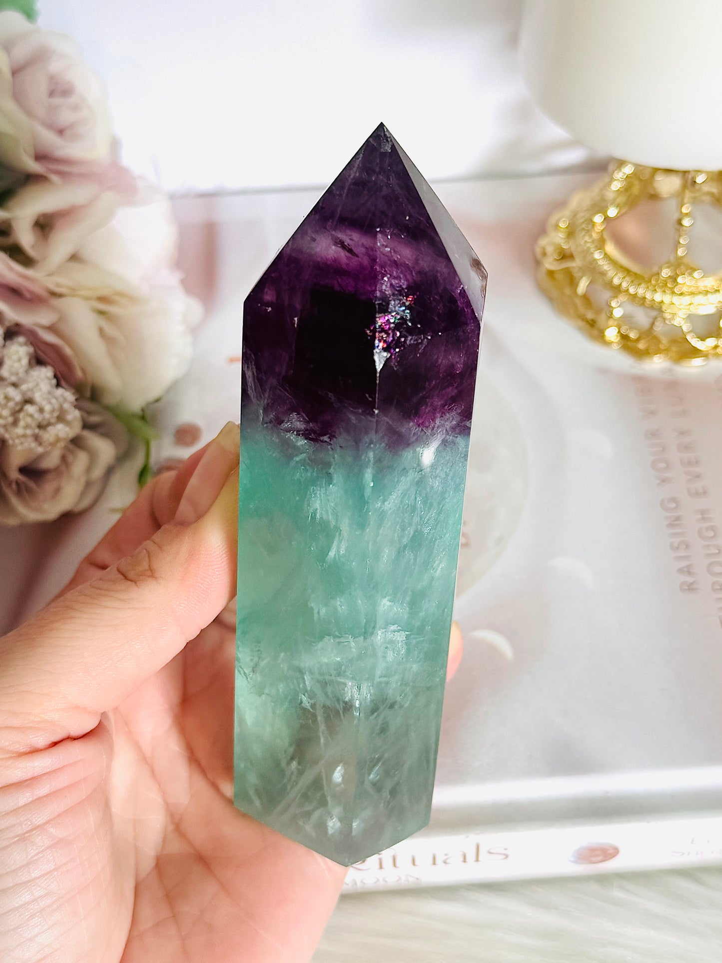 Stunning High Grade Watermelon Fluorite Chunky Tower with Rainbows 13cm