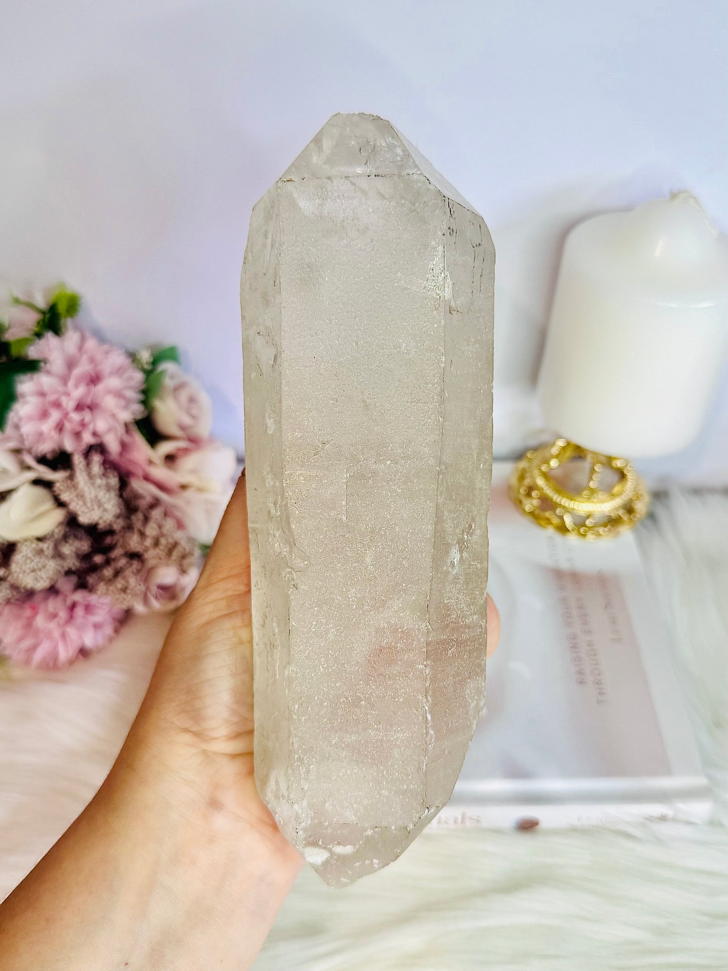 Huge Stunning 1.39KG Natural Lemurian Quartz Chunky Double Terminated Point | Tower On Stand From Brazil