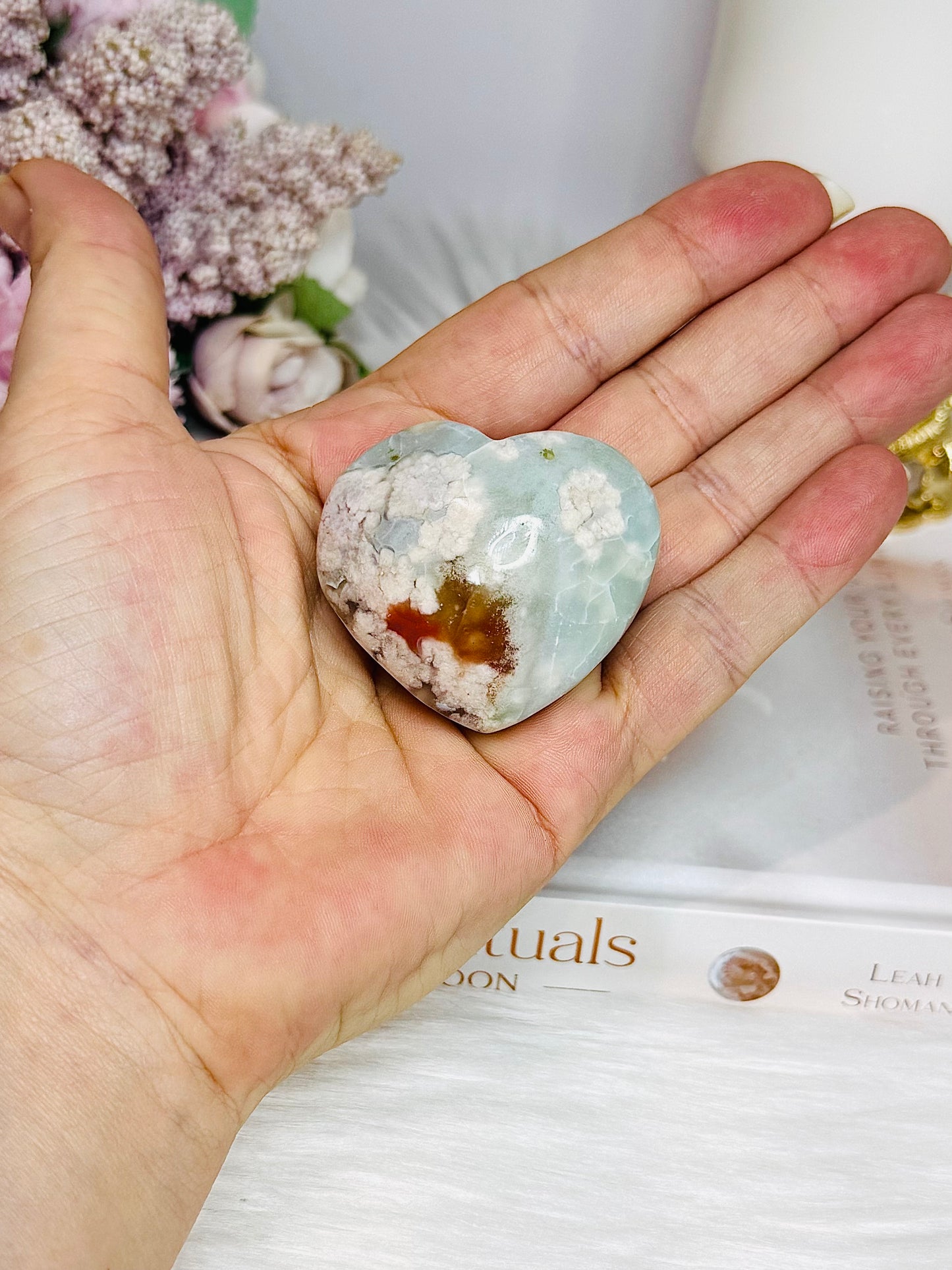 Green Flower Agate Carved Heart