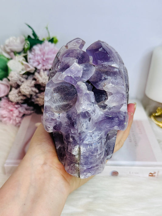 Huge Amethyst Druzy Carved Skull 18.5cm 2.46KG